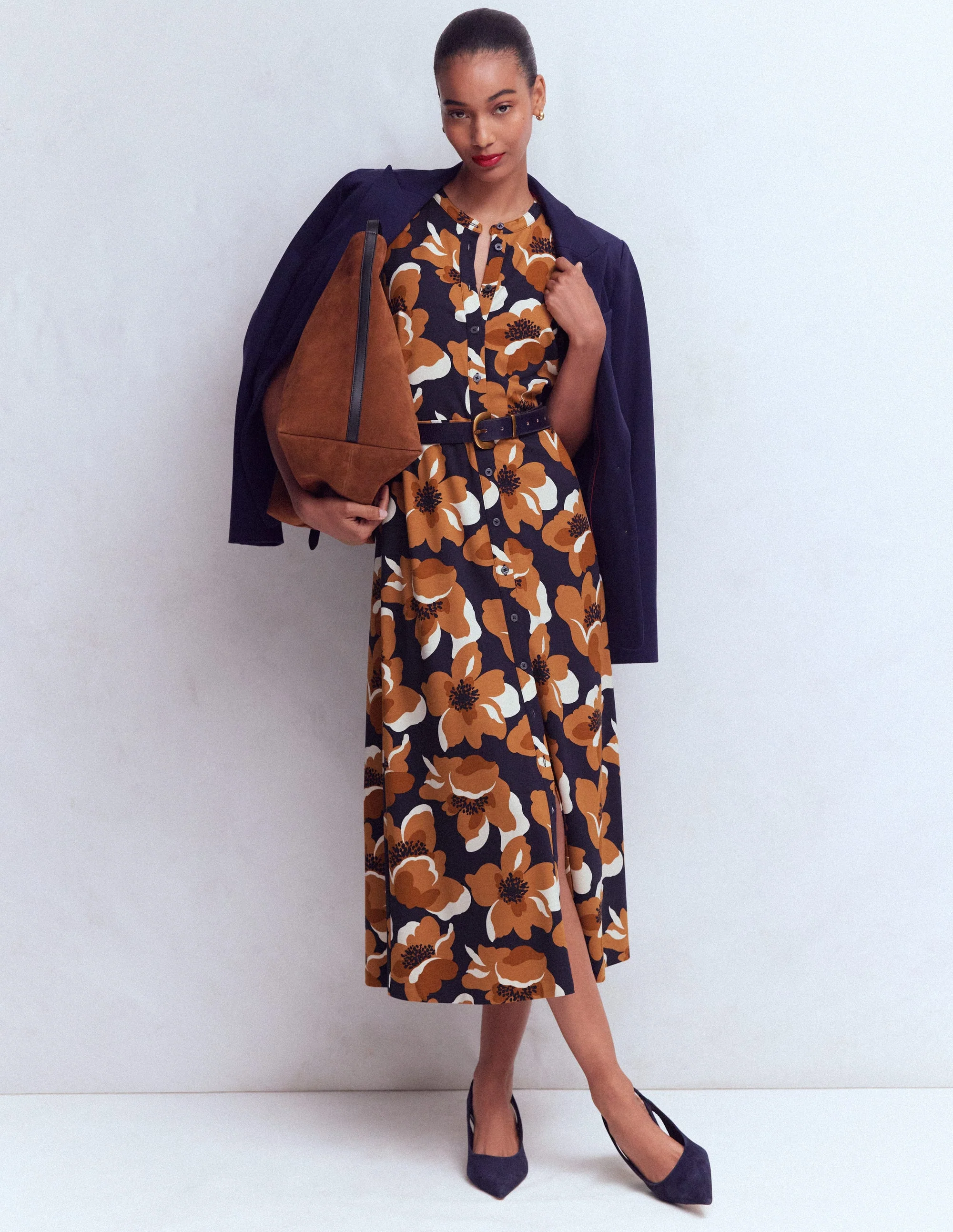 Puff Sleeve Ponte Shirt Dress-French Navy, Flowering Garden - Image 4