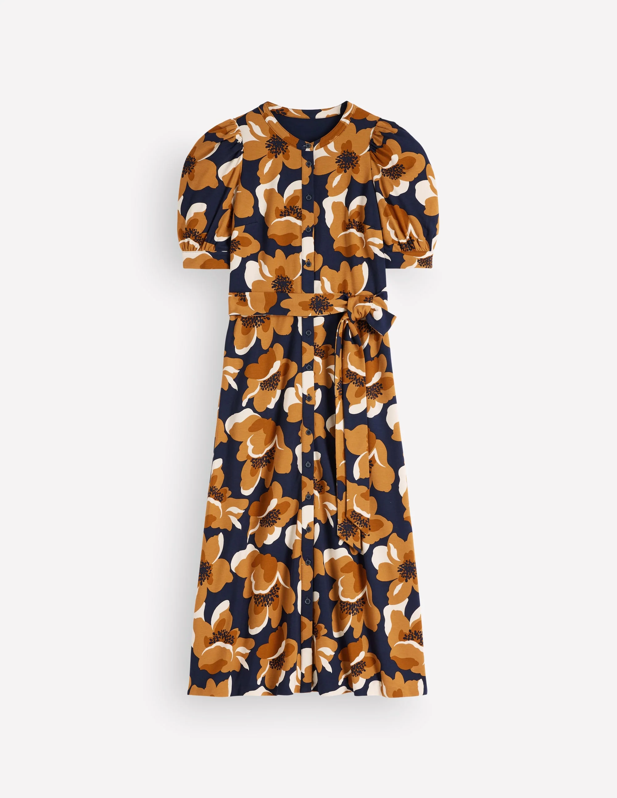 Puff Sleeve Ponte Shirt Dress-French Navy, Flowering Garden - Image 6