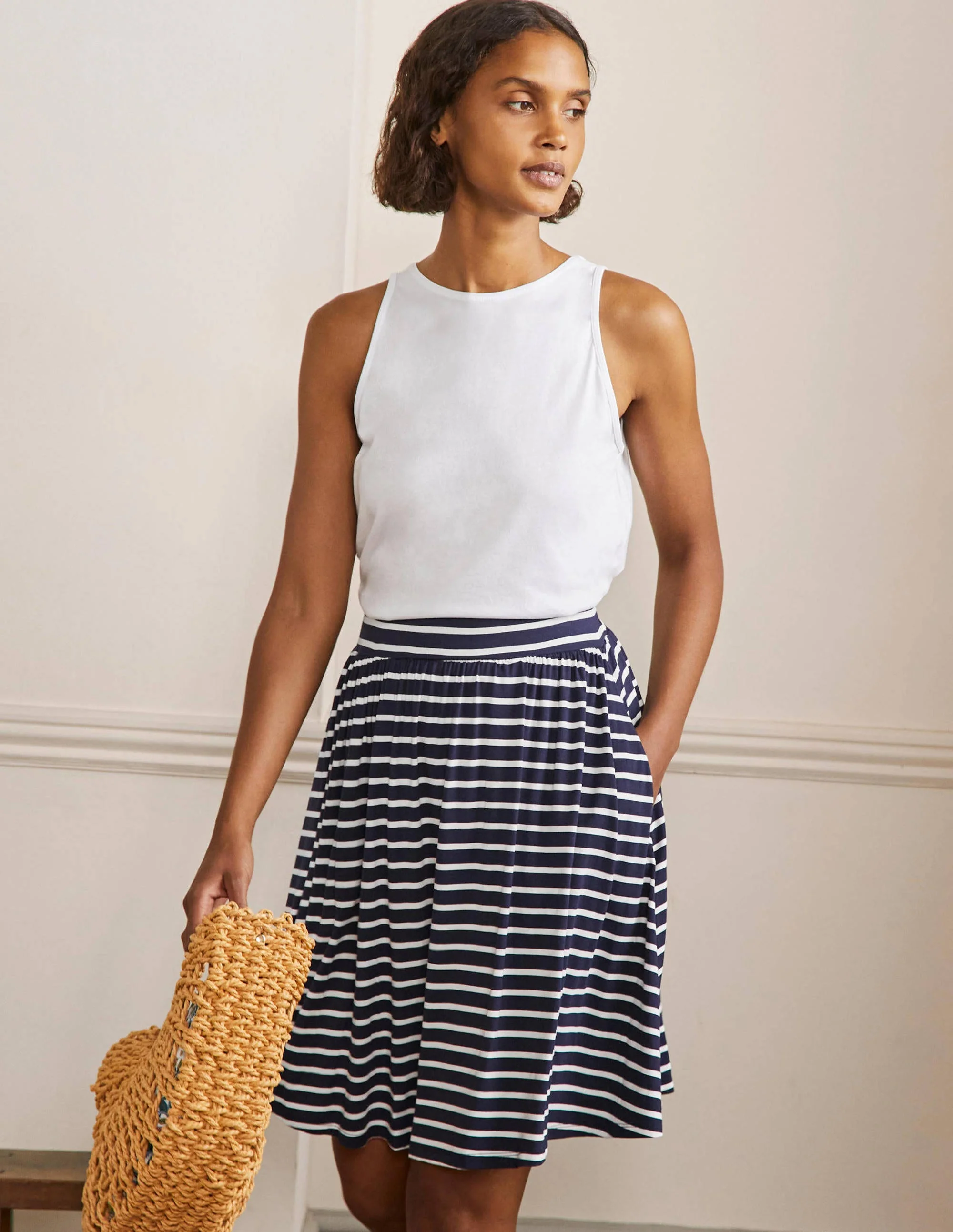 Pull On Jersey Mini Skirt-Navy and Ivory Stripe
