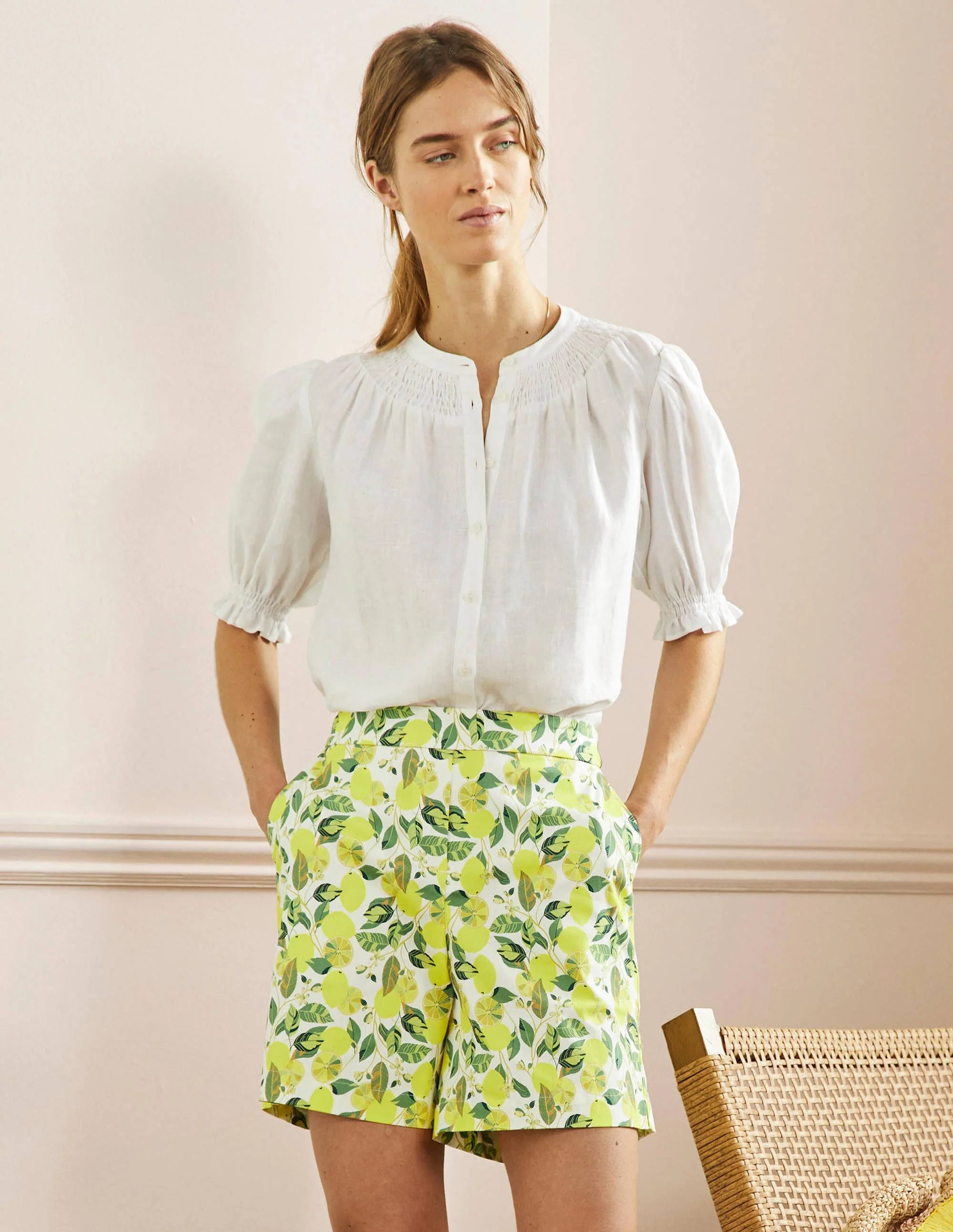 Pull On Shorts-Ivory, Lemon Vine