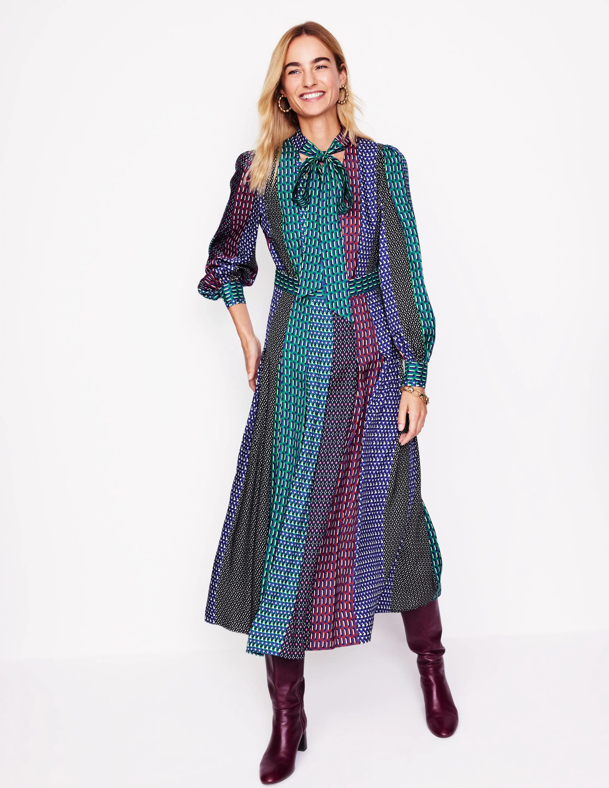Pussy Bow Midi Dress-Multi, Geo Mix - Image 4