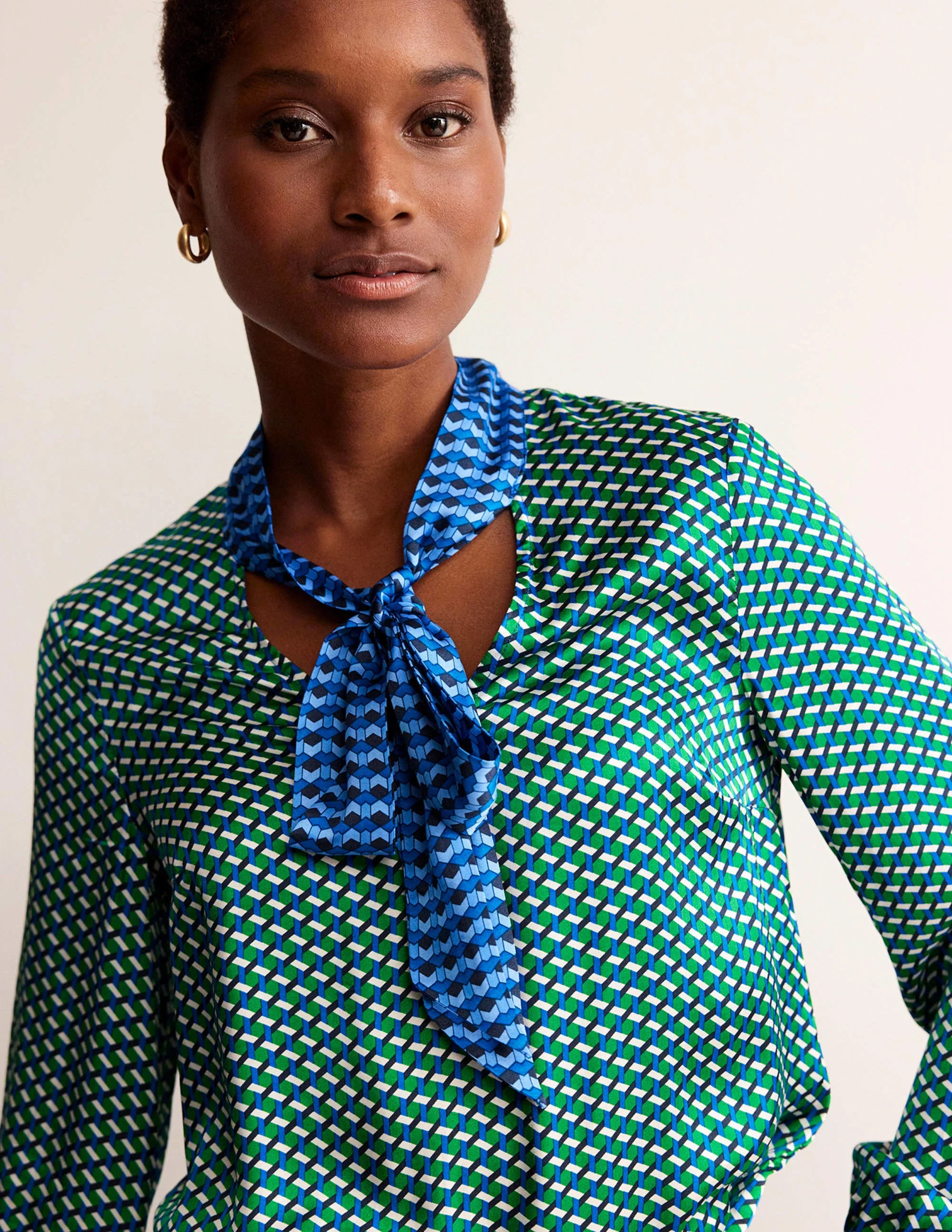 Pussy-Bow Satin Blouse-Bright Green, Geo Daze - Image 2