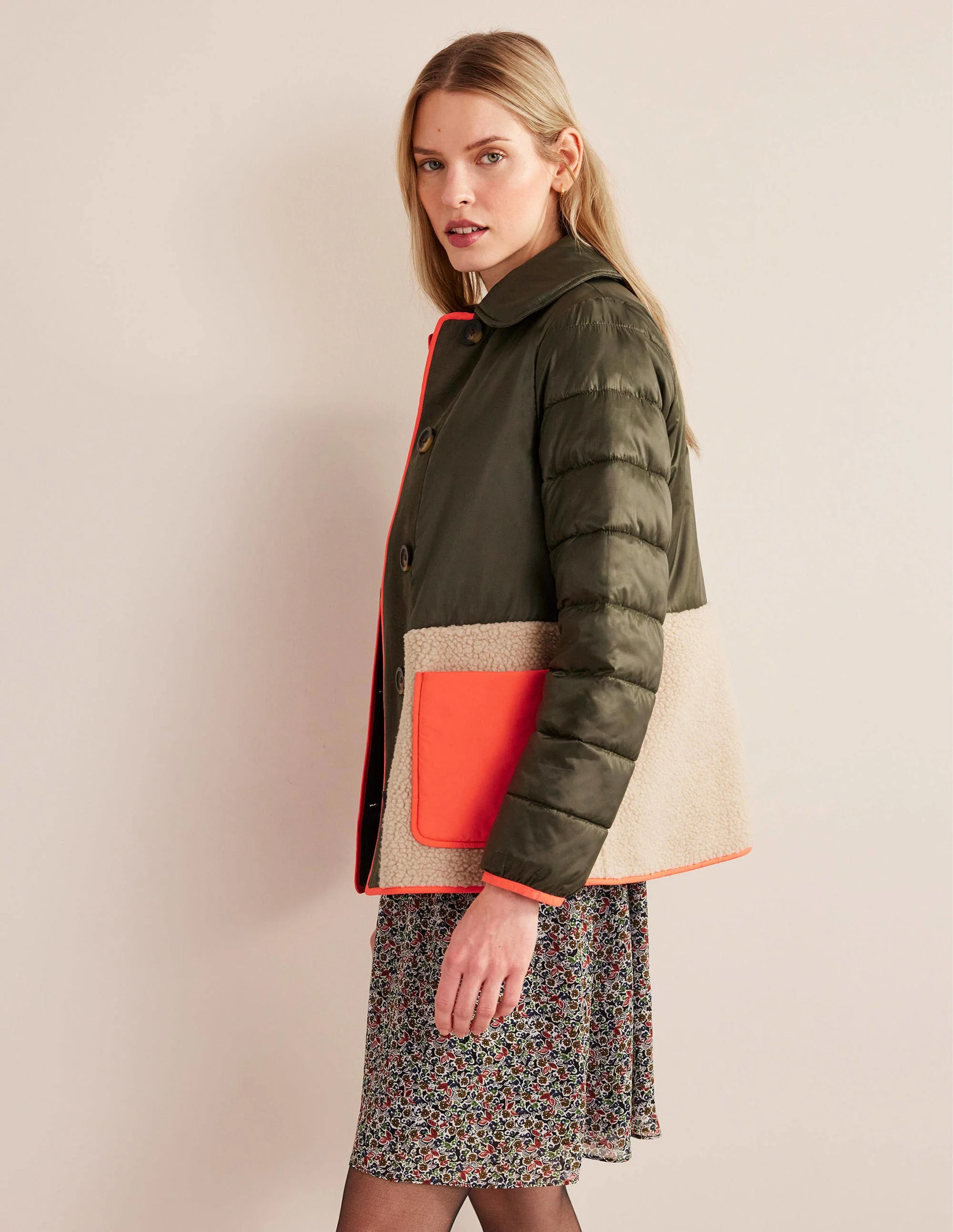 Quilted Borg Jacket-Khaki - Image 5