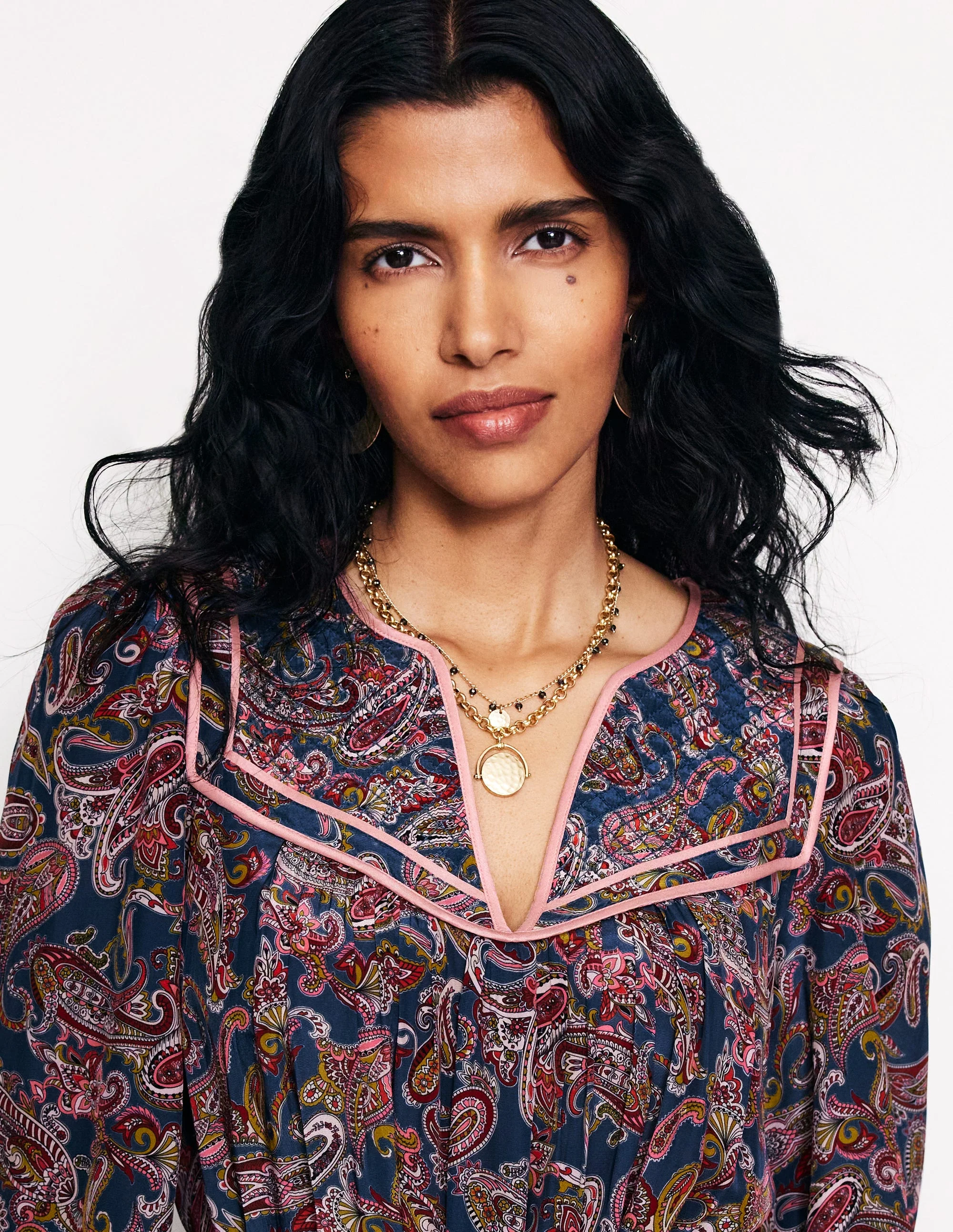 Quilted Yoke Maxi Dress-True Navy, Opulent Paisley - Image 3