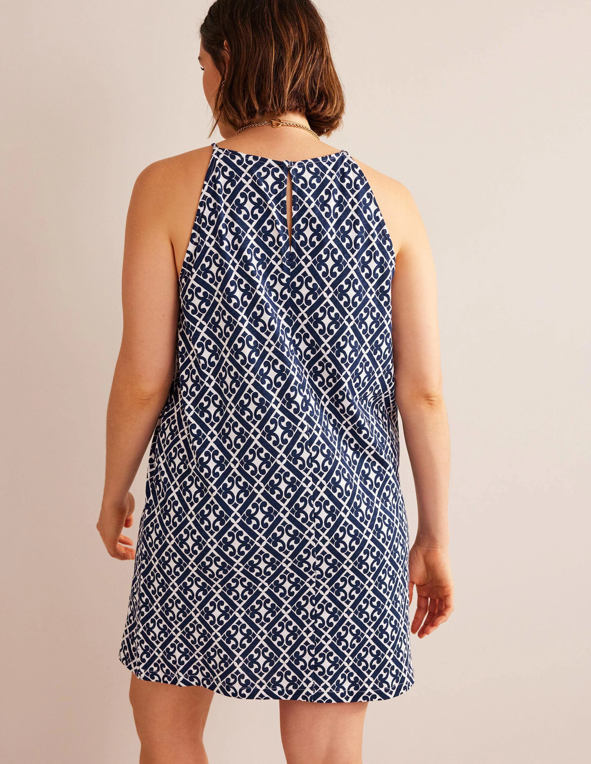 Racer Neck Jersey Mini Dress-Prussian Blue, Tranquil Geo - Image 6