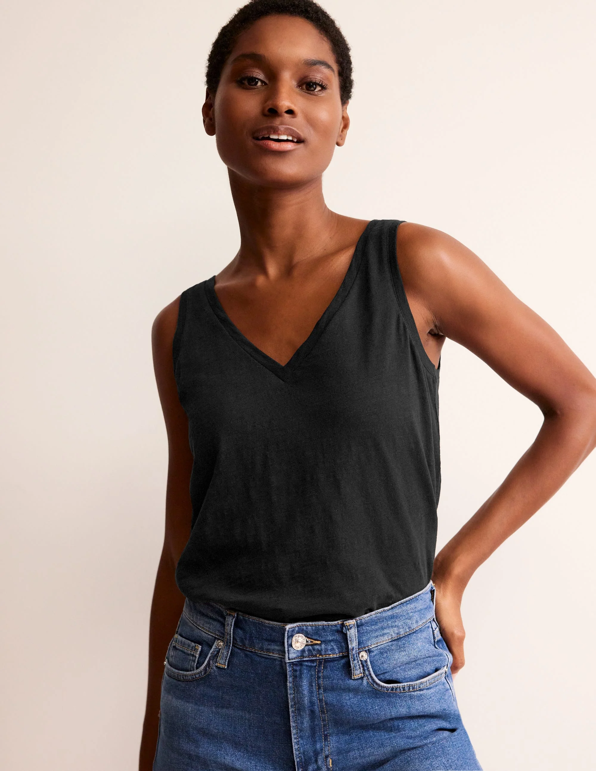 Regular V-Neck Slub Vest-Black - Image 2