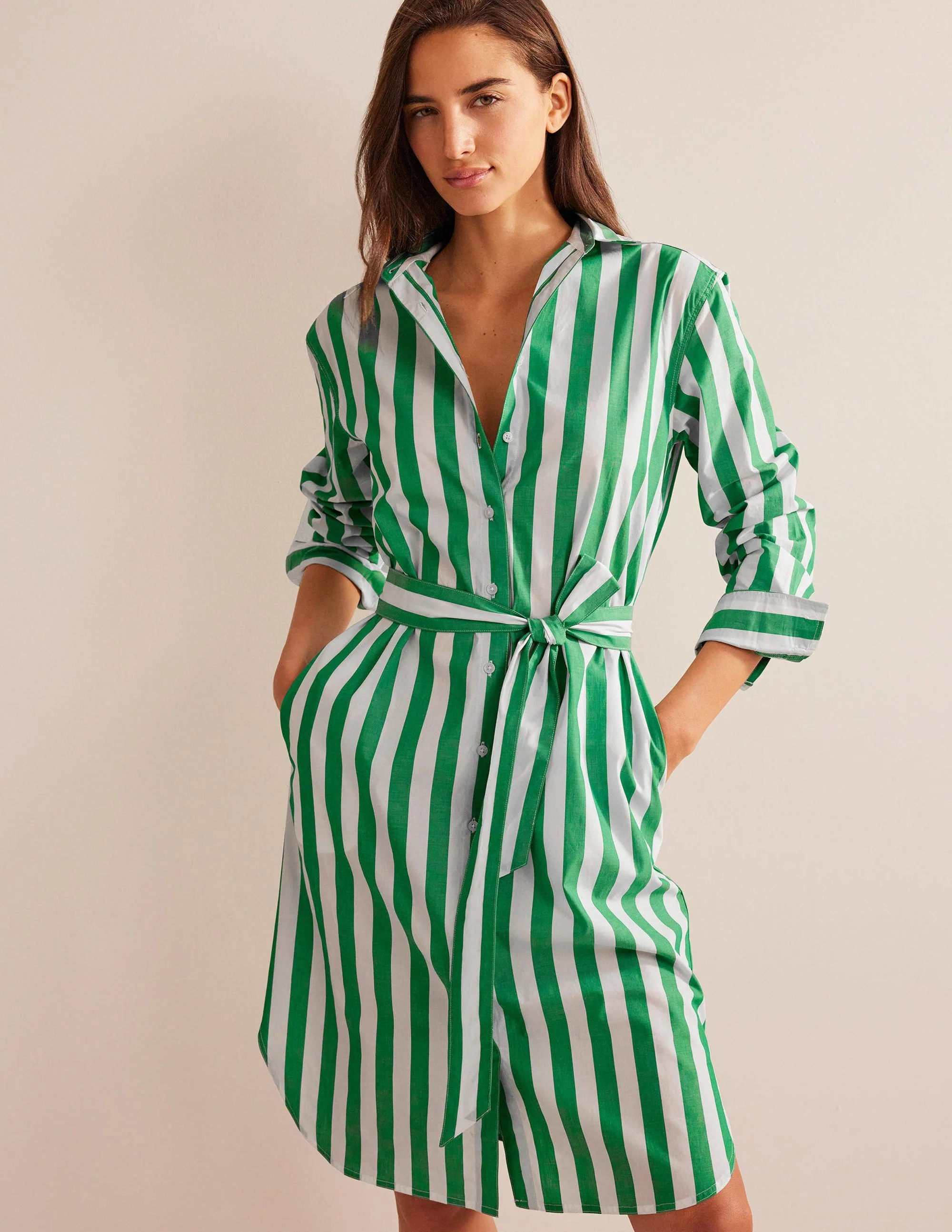 Relaxed Cotton Shirt Dress-Rich Emerald and Ivory