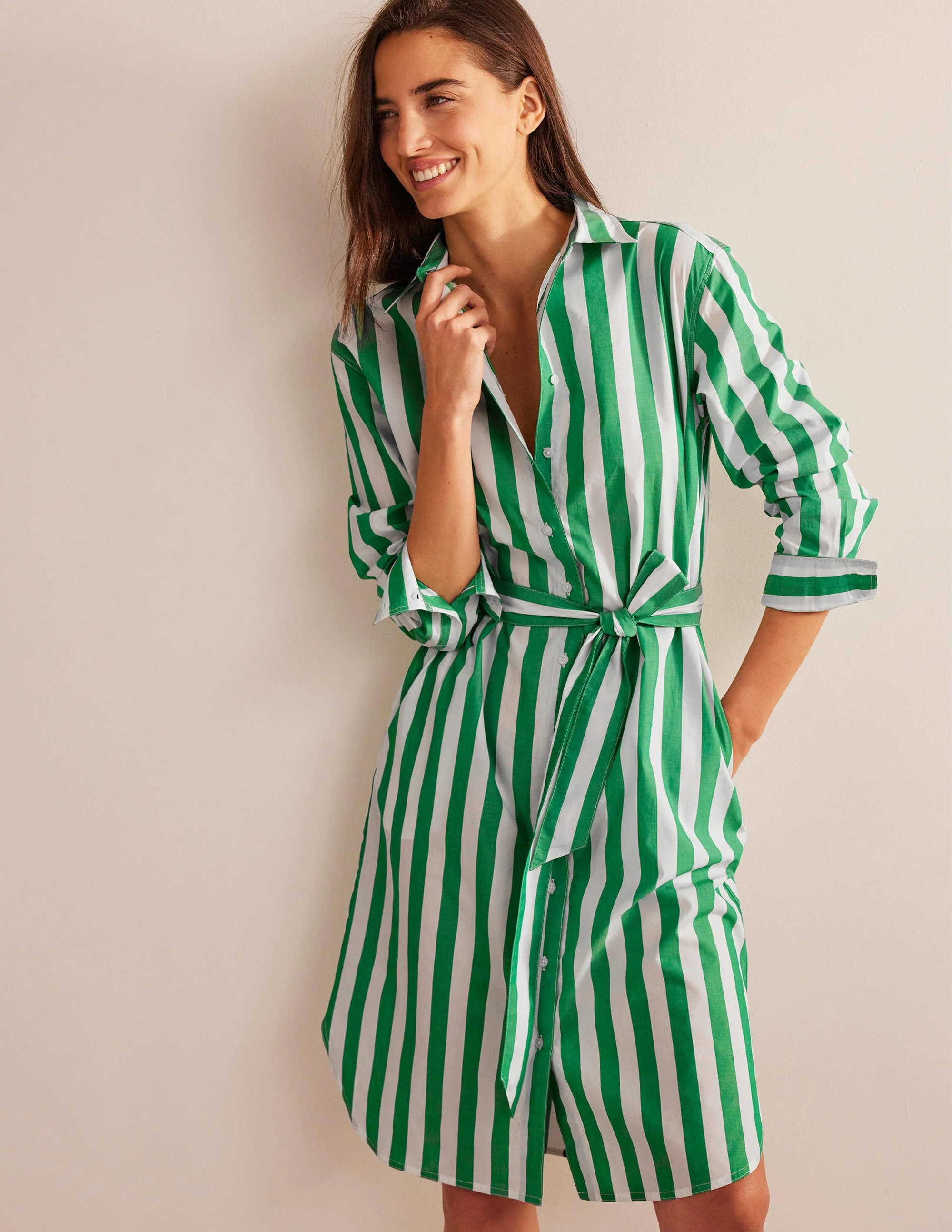 Relaxed Cotton Shirt Dress-Rich Emerald and Ivory - Image 4