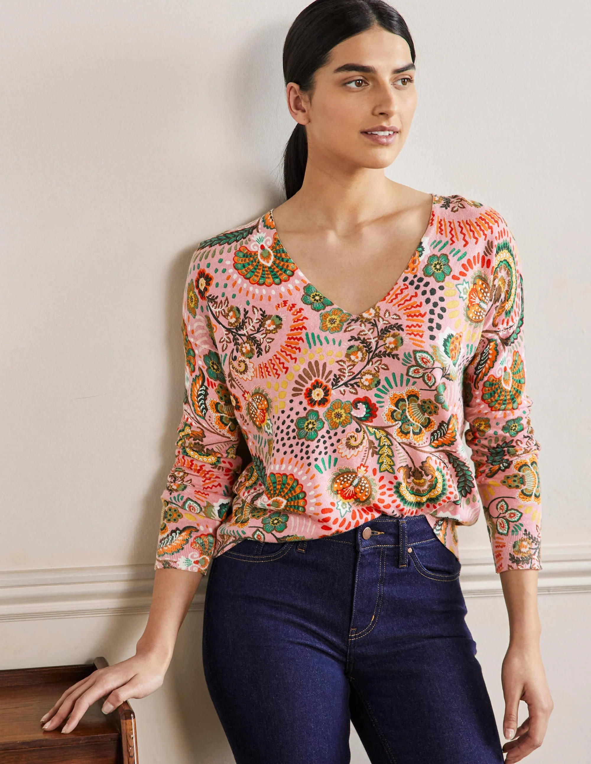 Relaxed Printed V-neck Sweater-Formica Pink, Meadow - Image 4