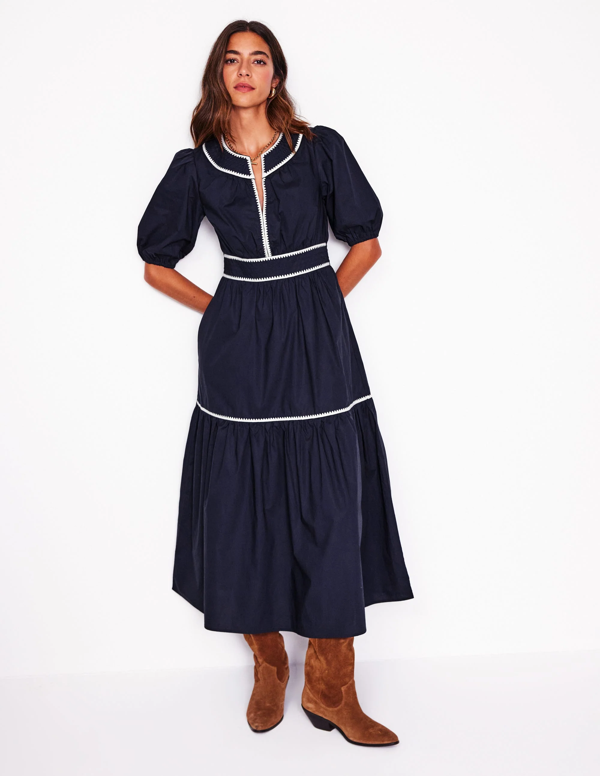 Rhea Embroidered Midi Dress-Navy - Image 5