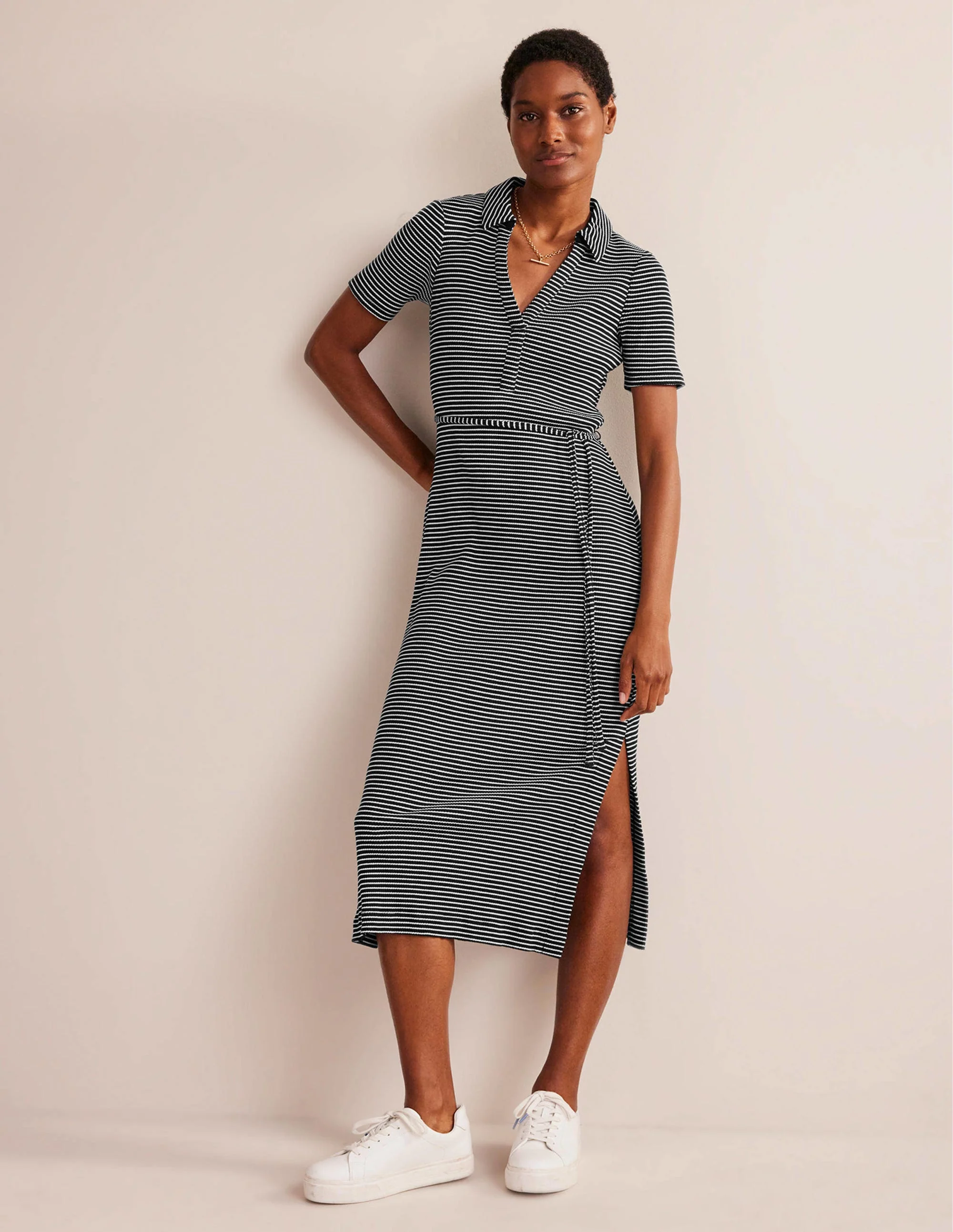 Ribbed-Jersey Midi Shirt Dress-Black, Ivory Stripe - Image 2