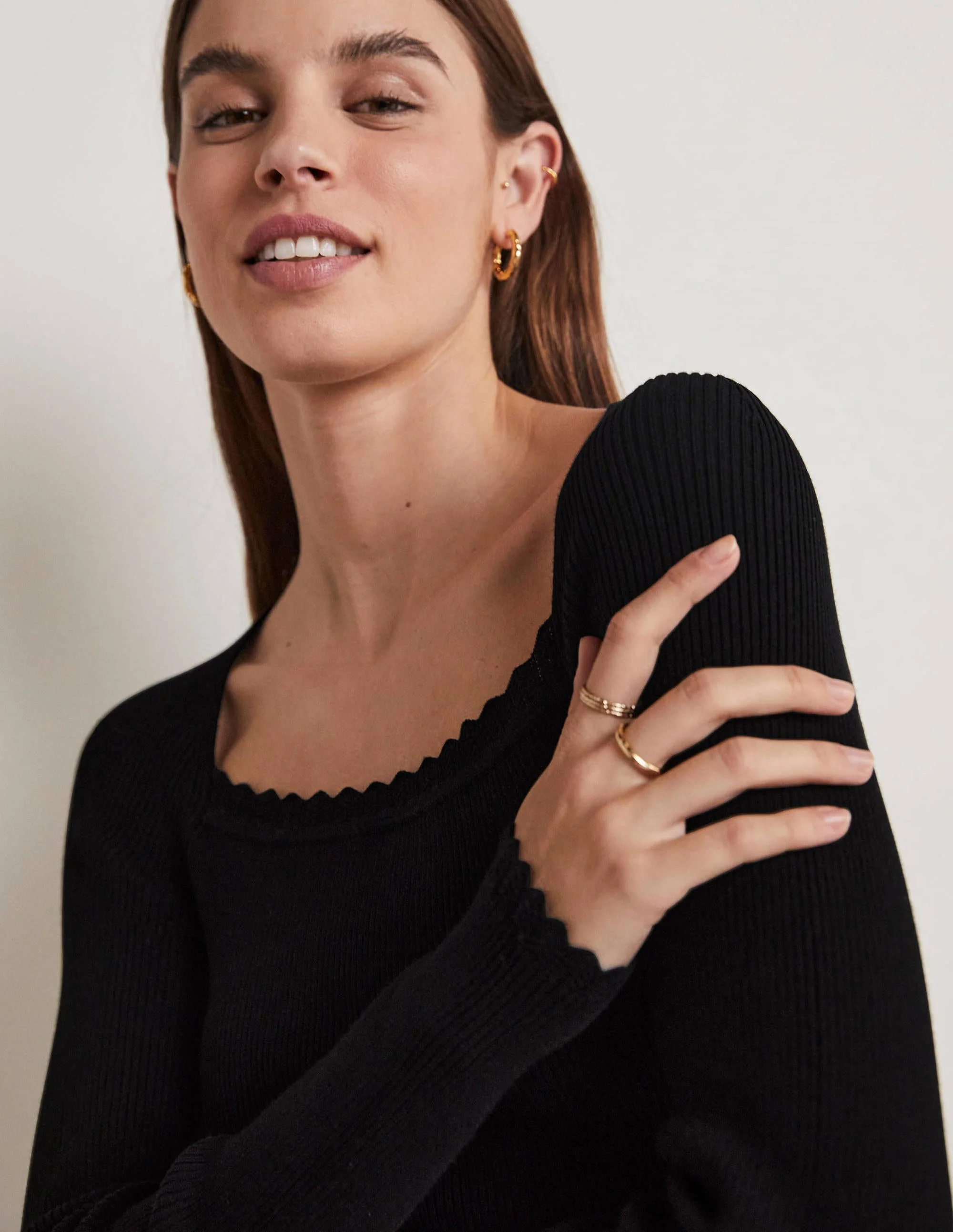 Ribbed Square Neck Knitted Top-Black - Image 2