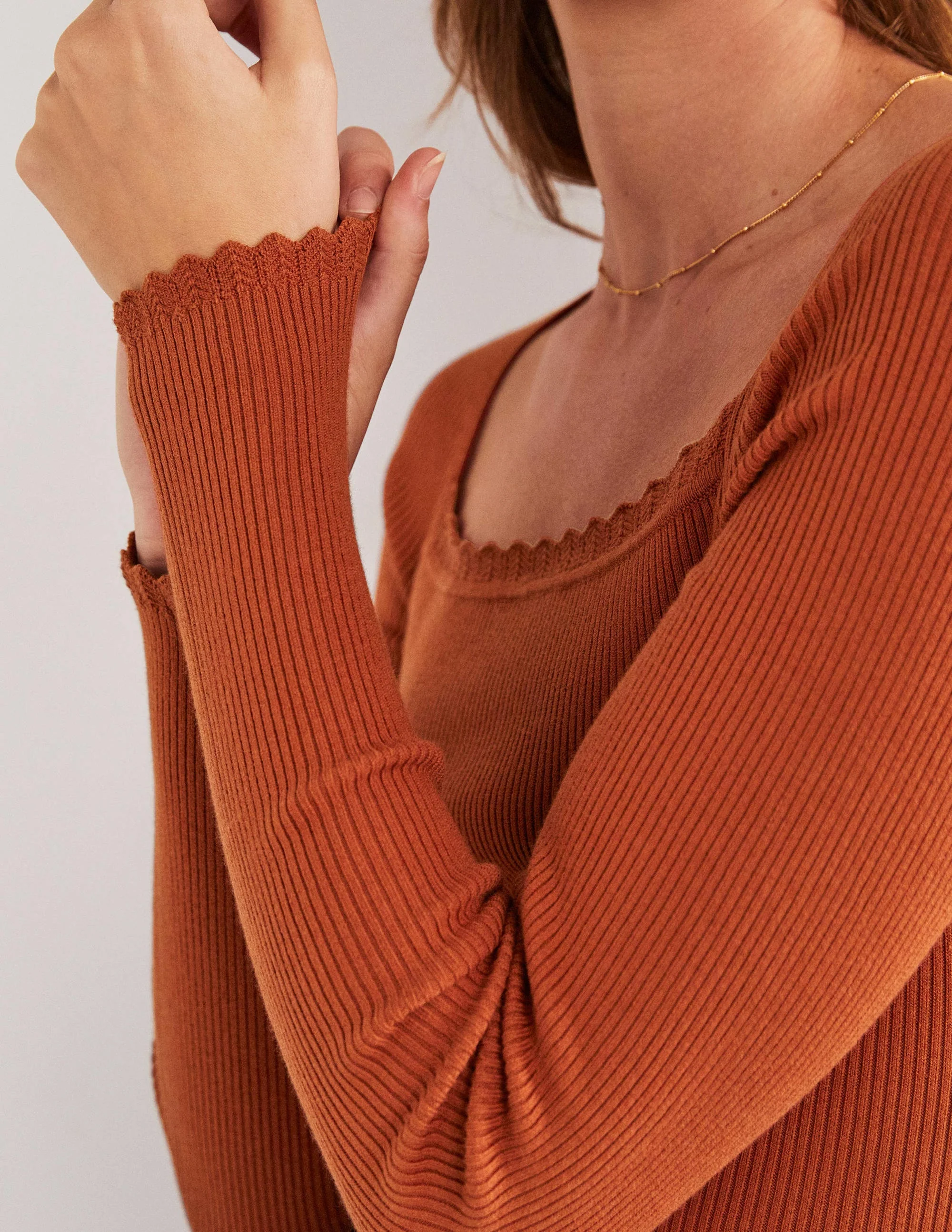 Ribbed Square Neck Knitted Top-Rust - Image 2