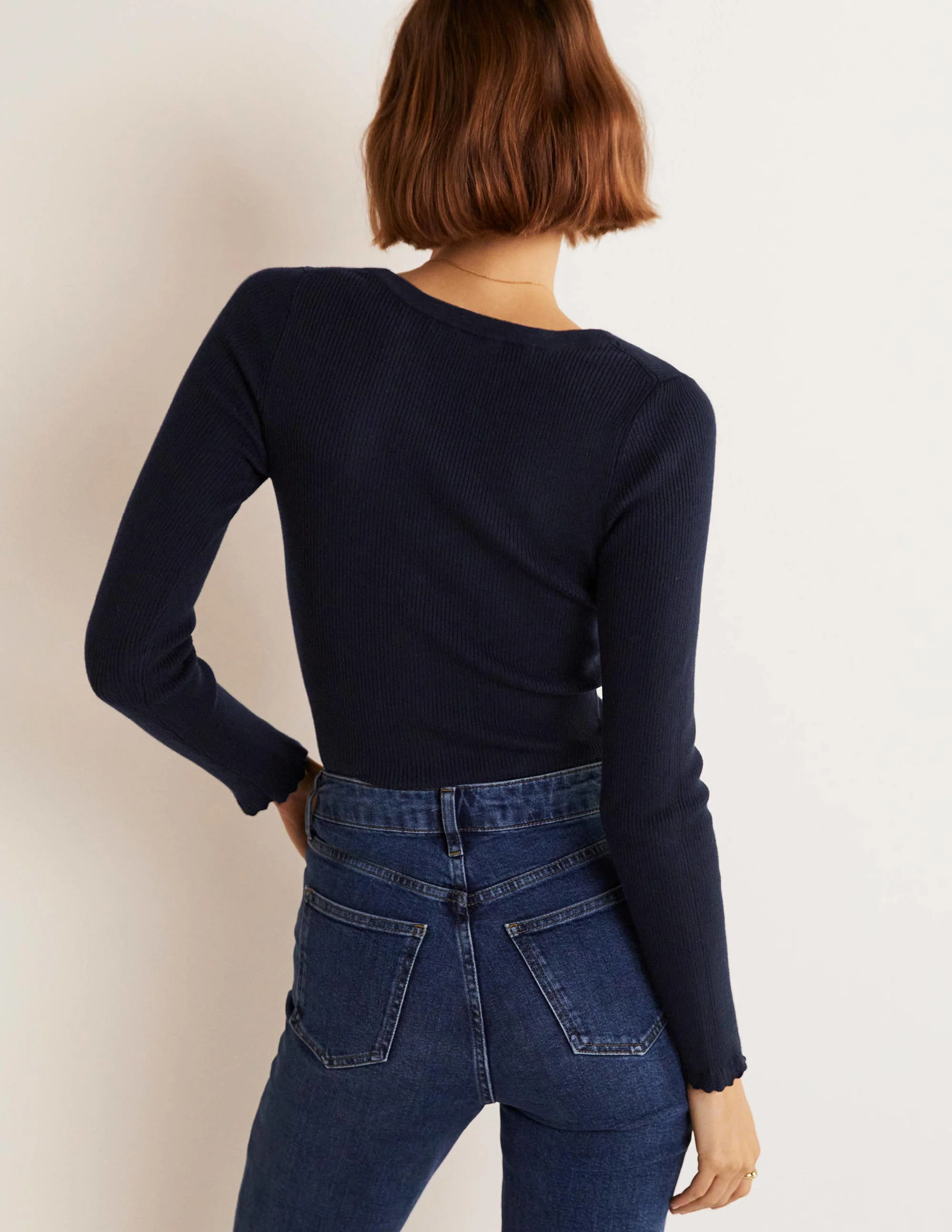 Ribbed Sweetheart Cardigan-Navy - Image 3