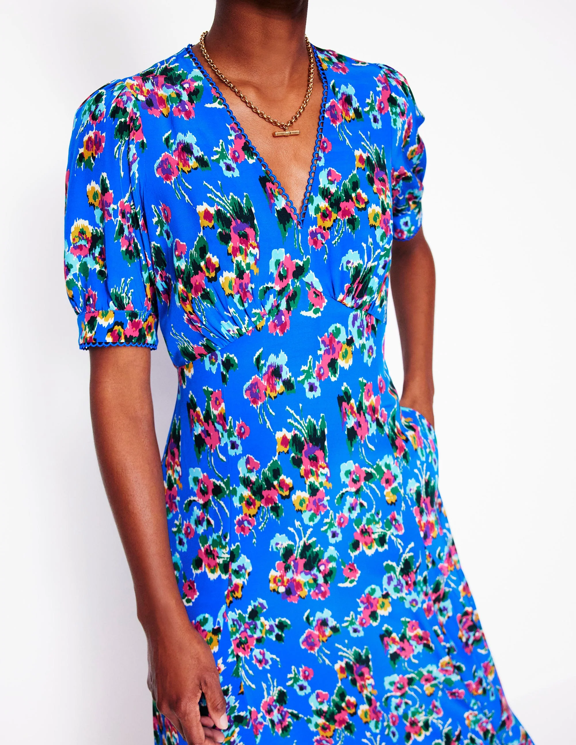 Rosie Godet Tea Dress-Gallery Blue, Abstract Posy - Image 2