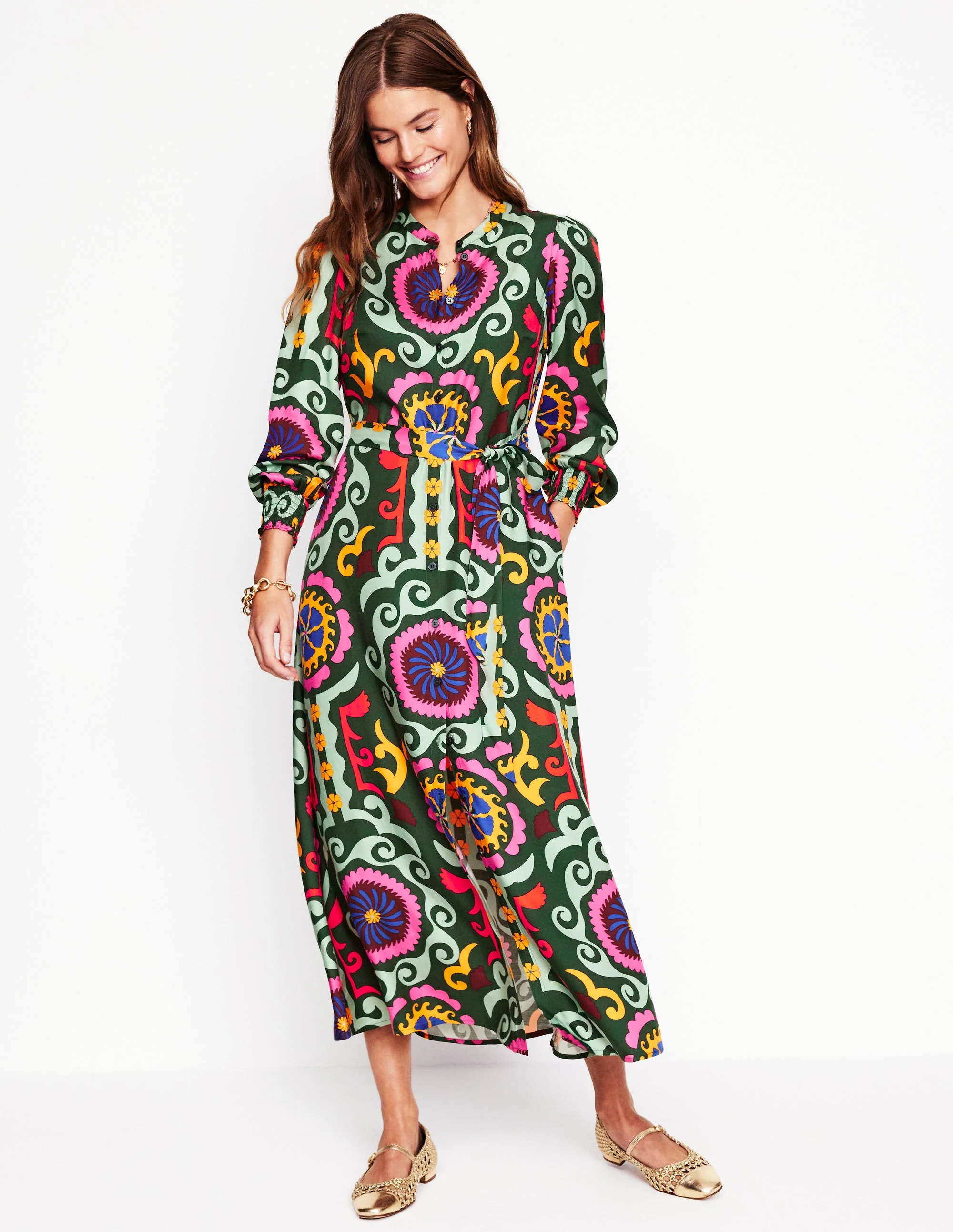 Ruby Collarless Shirt Dress-Green, Ornamental Wave - Image 6