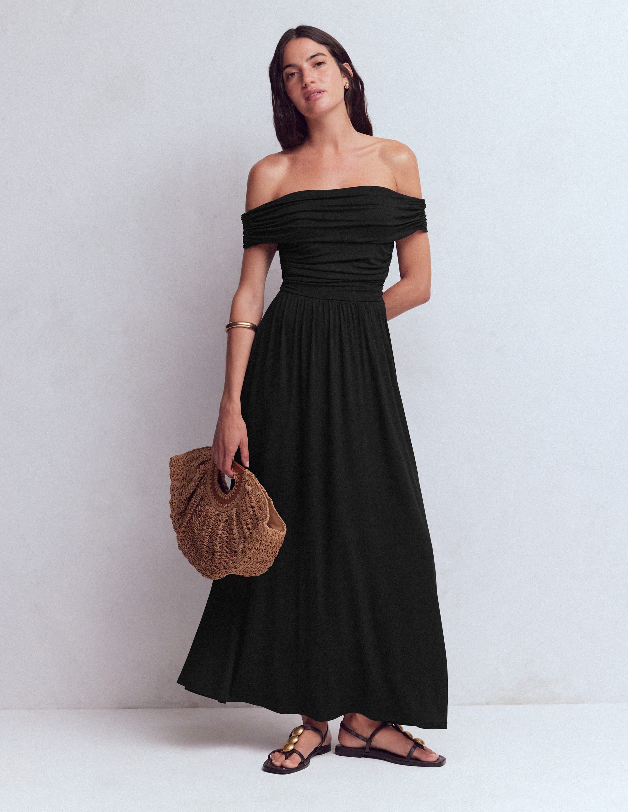Ruched Bardot Jersey Dress-Black - Image 4