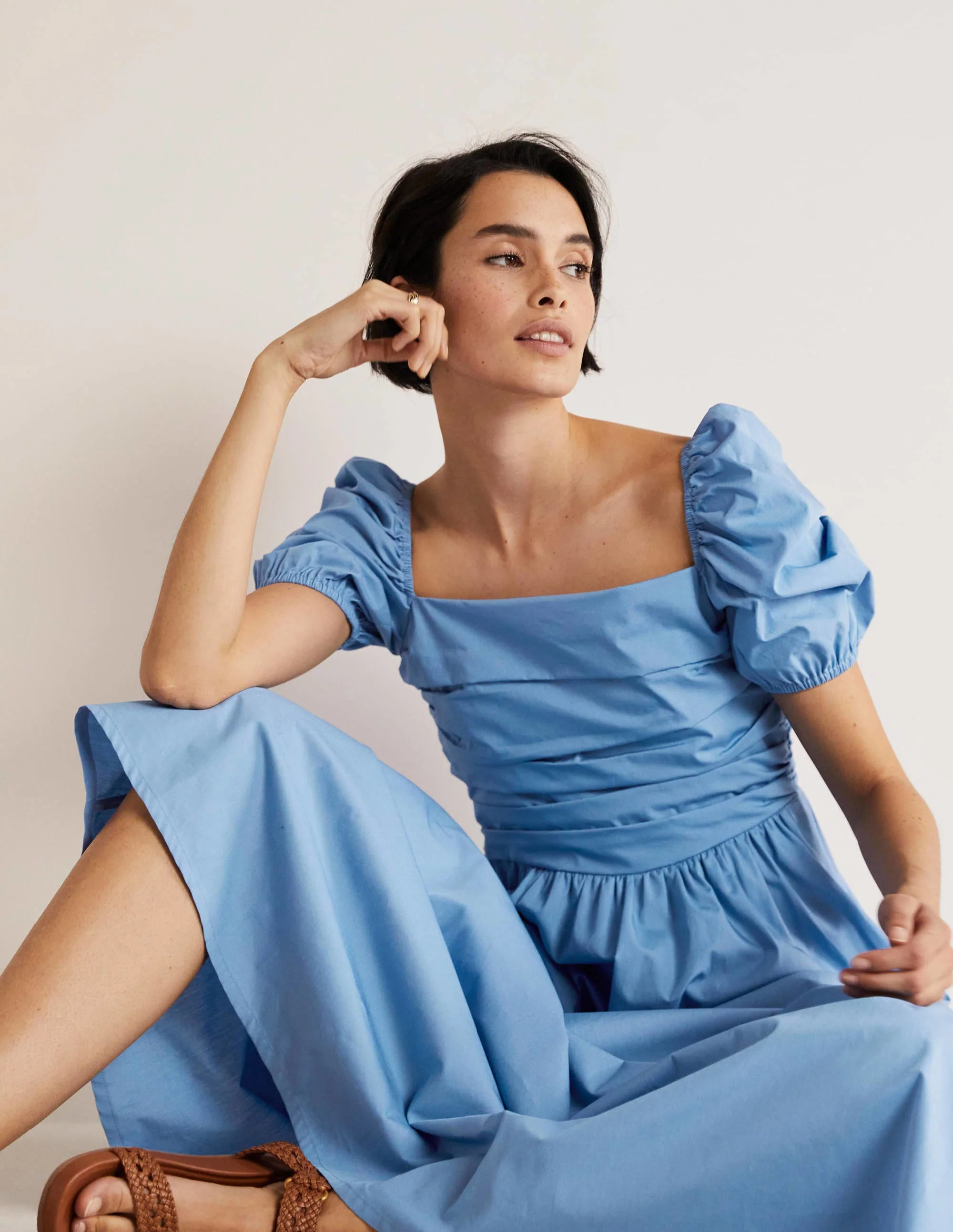 Ruched Bodice Midi Dress-Riviera Blue - Image 4