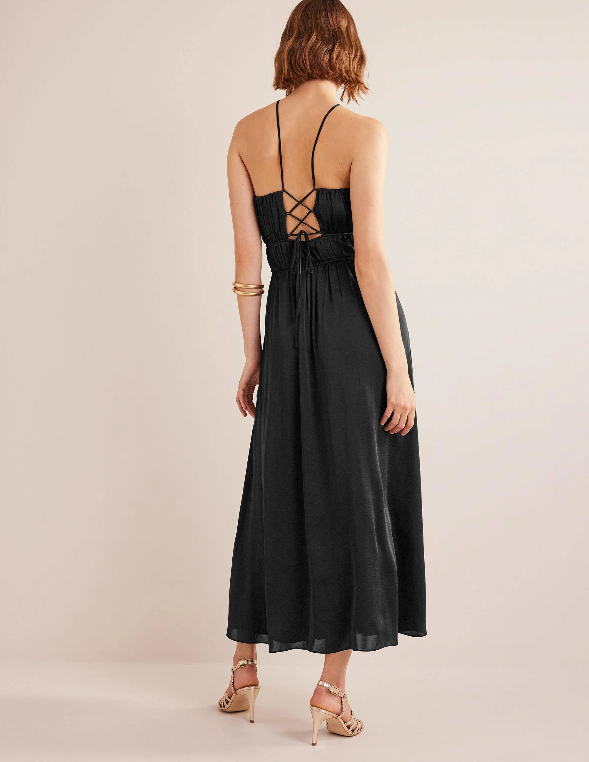 Ruched Bust Satin Maxi Dress-Black - Image 3