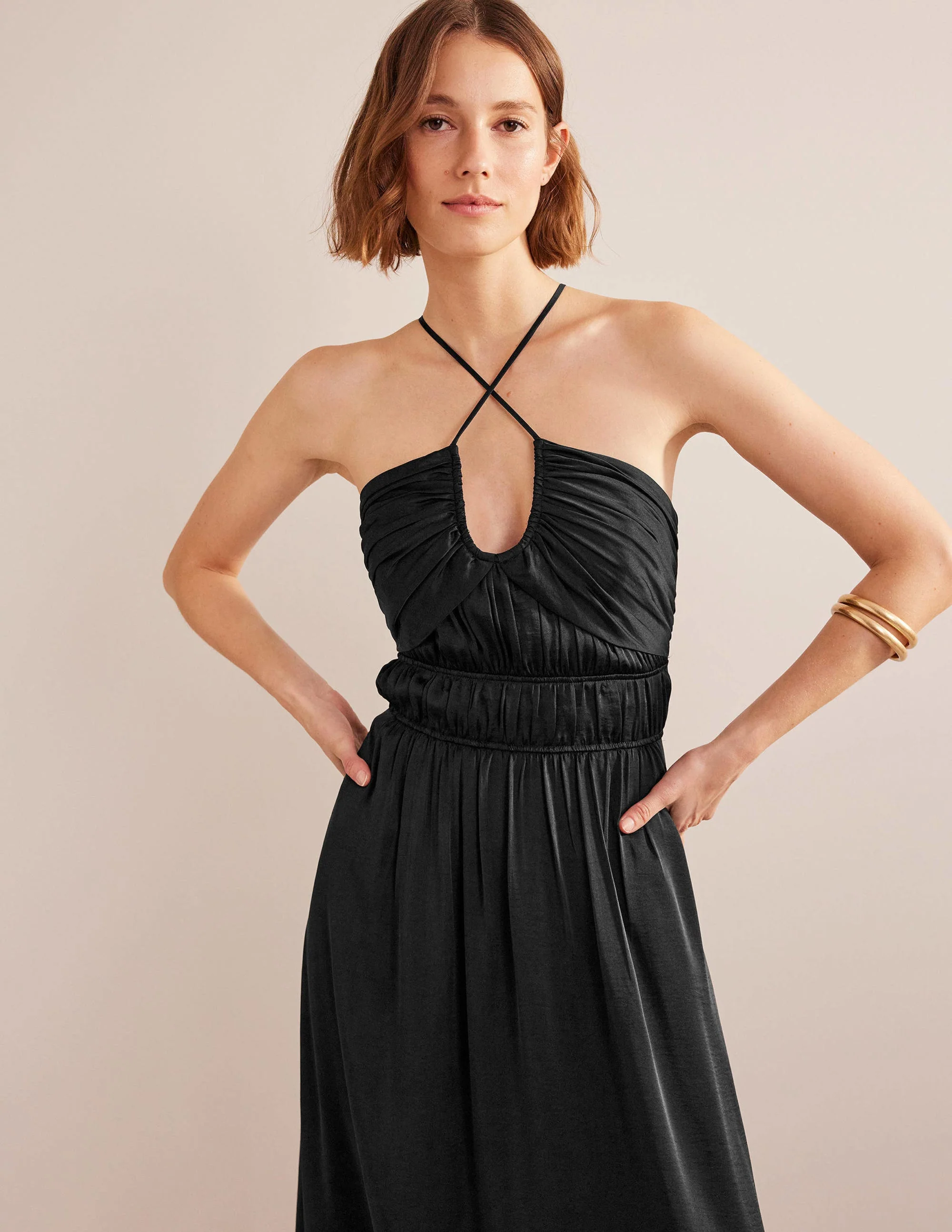 Ruched Bust Satin Maxi Dress-Black - Image 4
