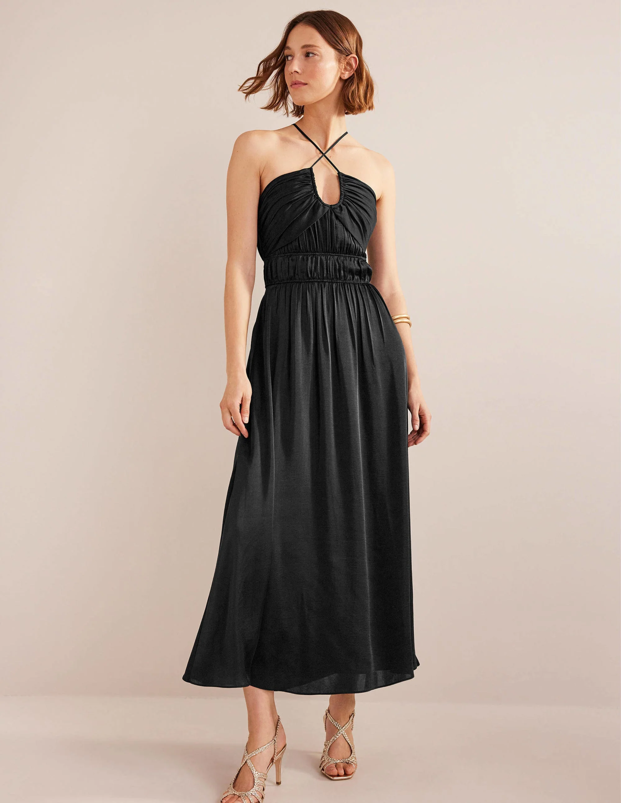 Ruched Bust Satin Maxi Dress-Black - Image 6