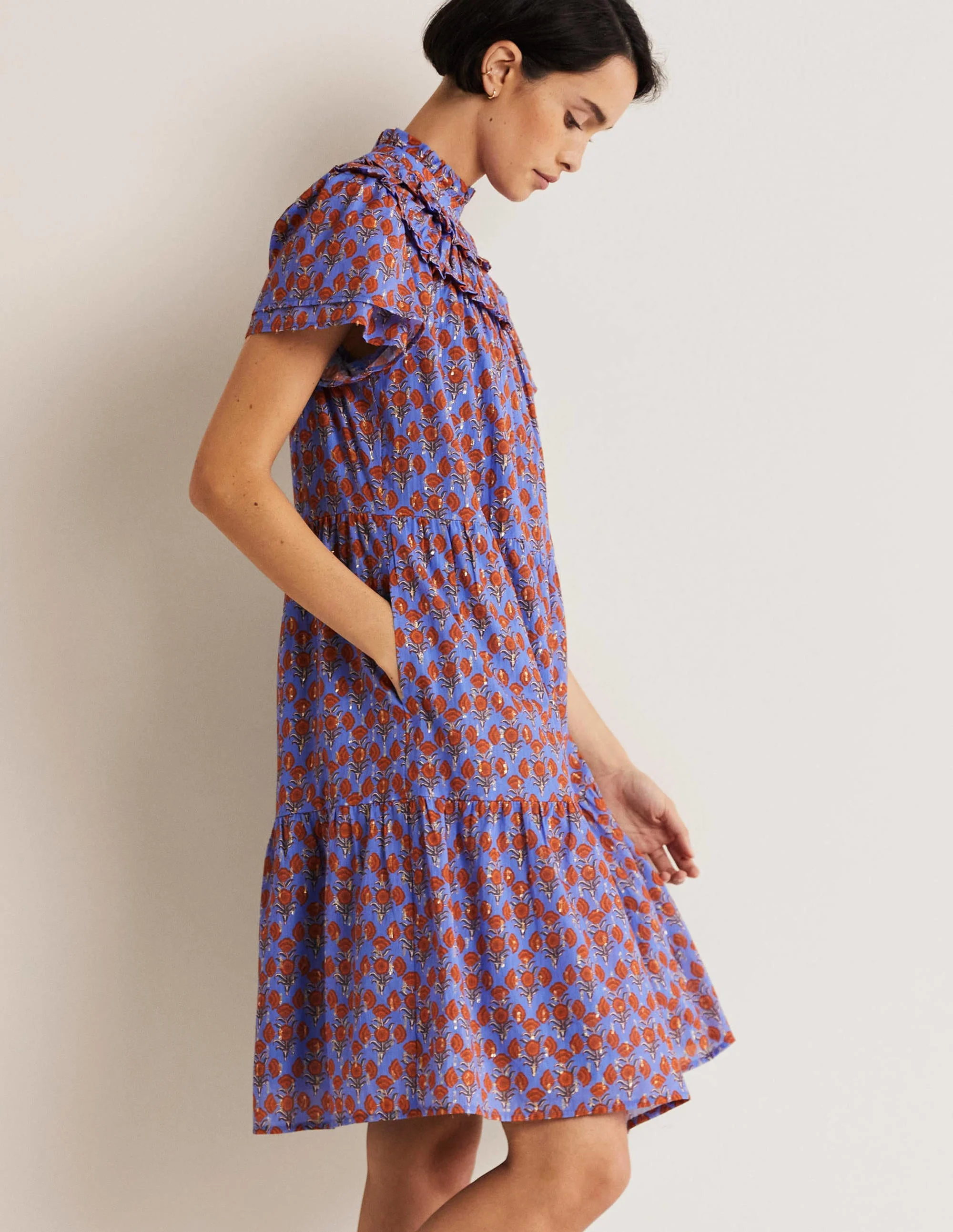 Ruched Detail Metallic Dress-Mosaic Blue, Poppy Geo