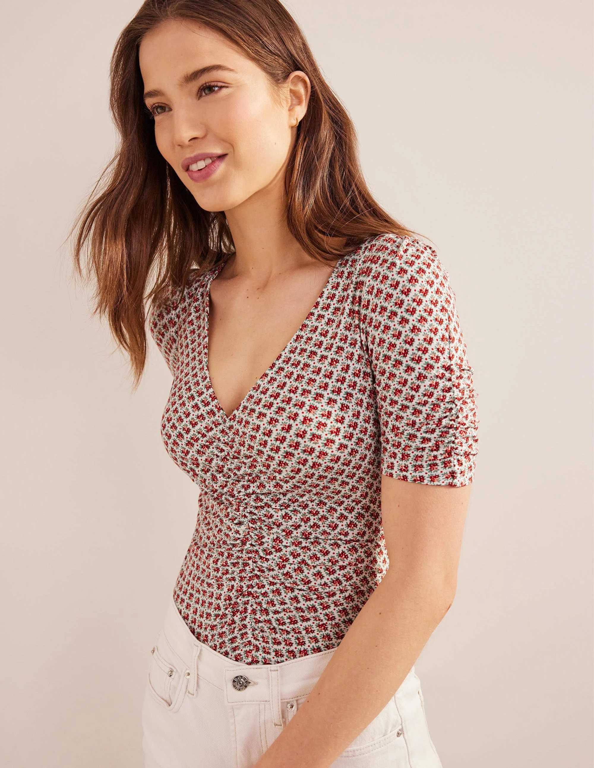 Ruched Front Printed Top-Vermillion, Bloom Bud