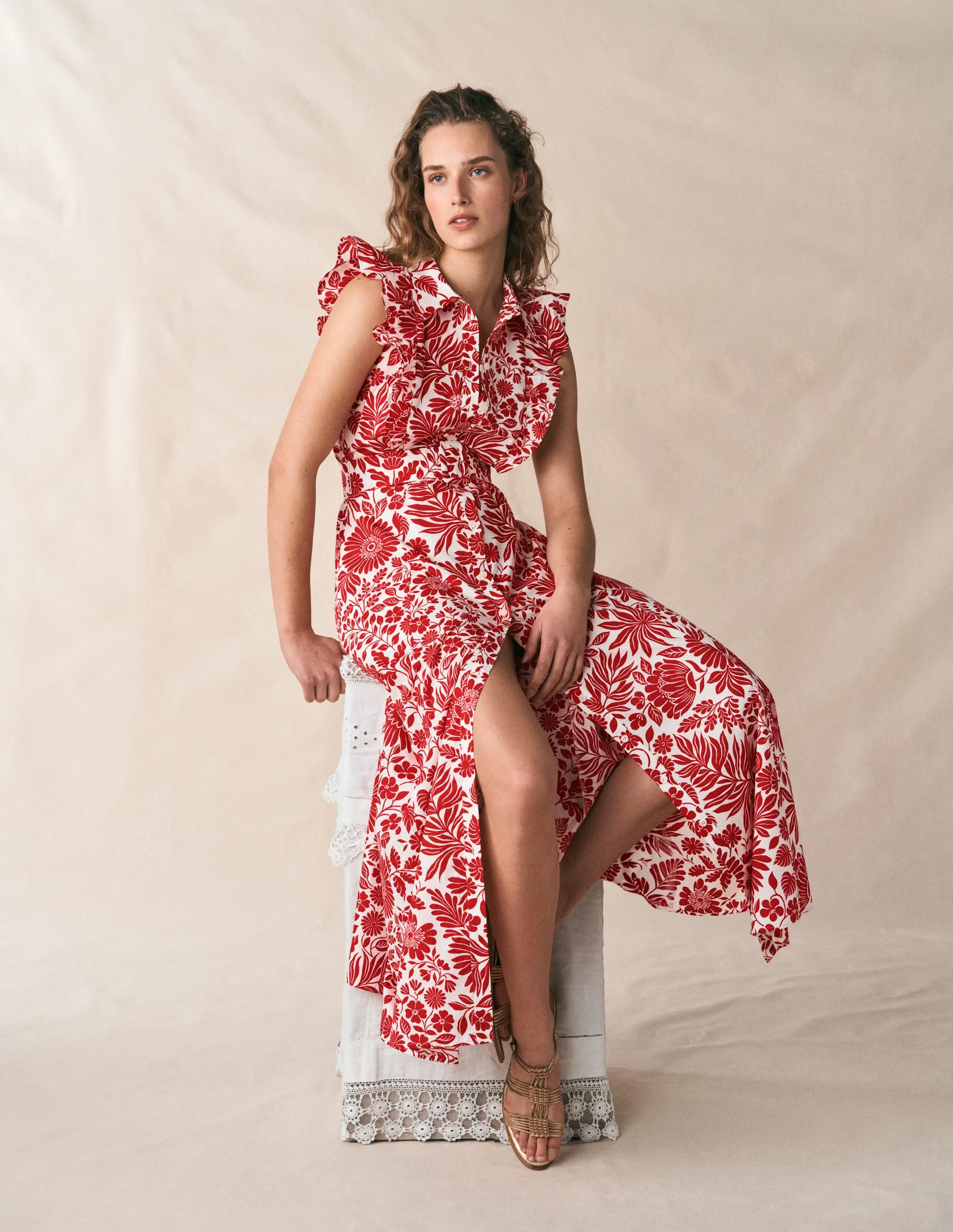 Ruffle Bodice Shirt Dress-Merida Red, Flowerbed Bloom - Image 5