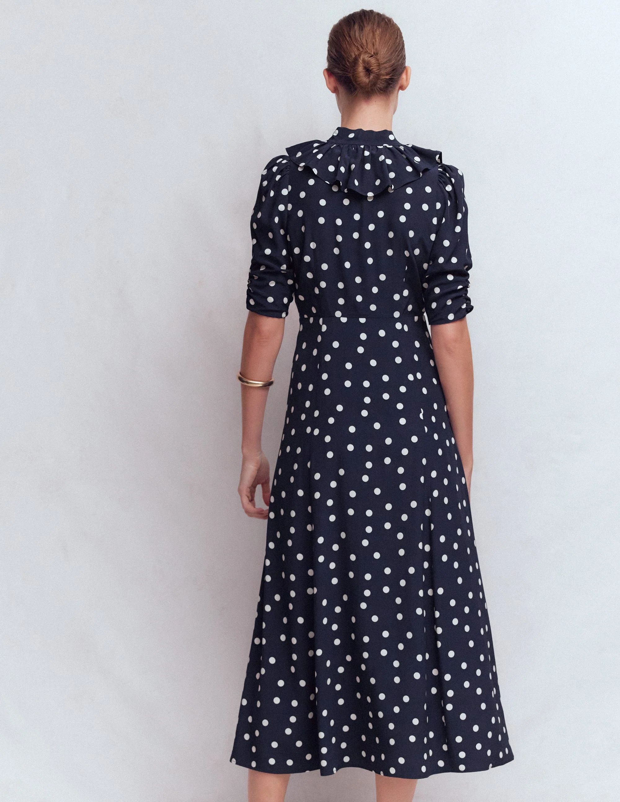 Ruffle Collar Midi Dress-French Navy Painted Spaced Dot - Image 3