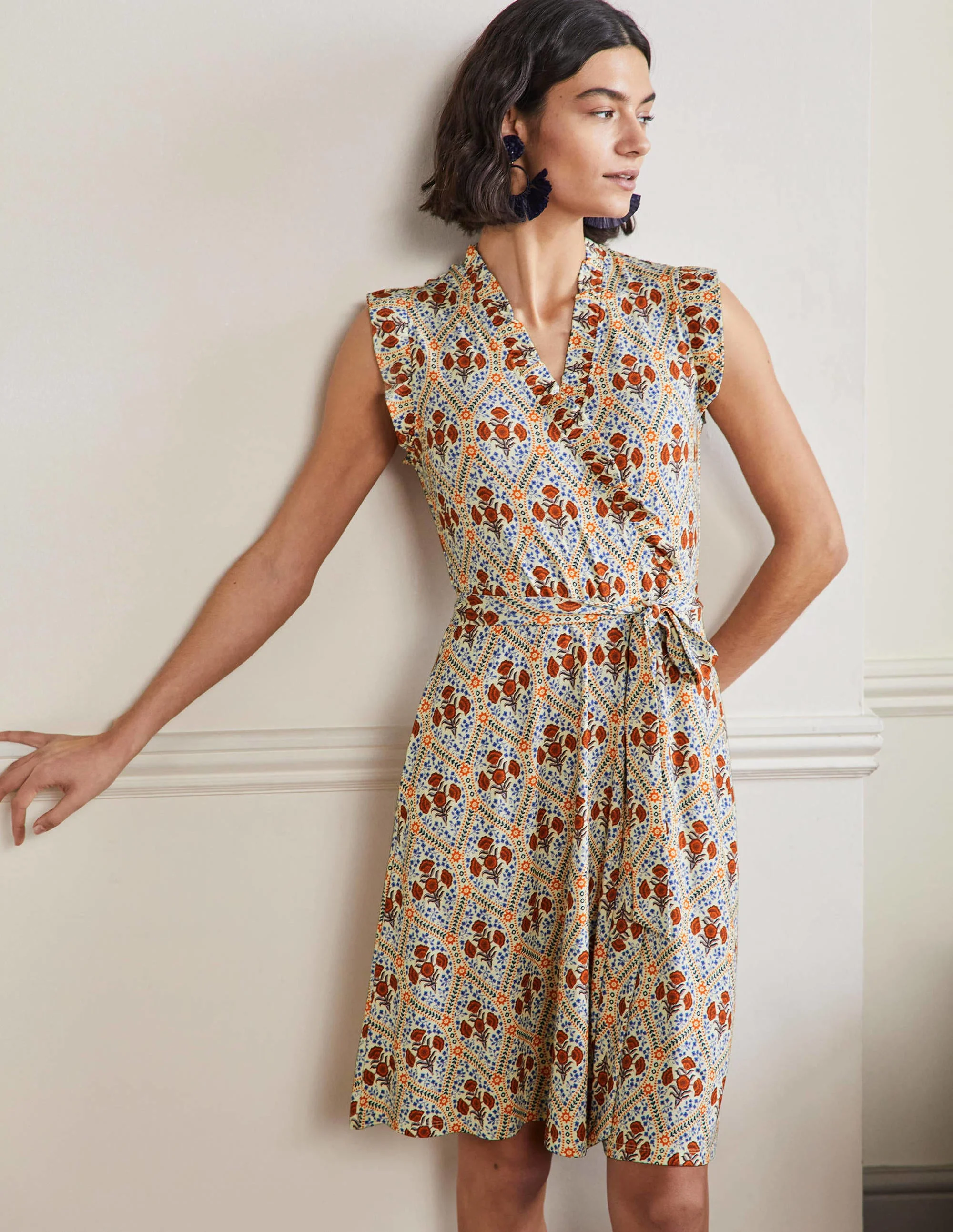 Ruffle Fixed Wrap Jersey Dress-Ivory, Poppy Bloom - Image 5