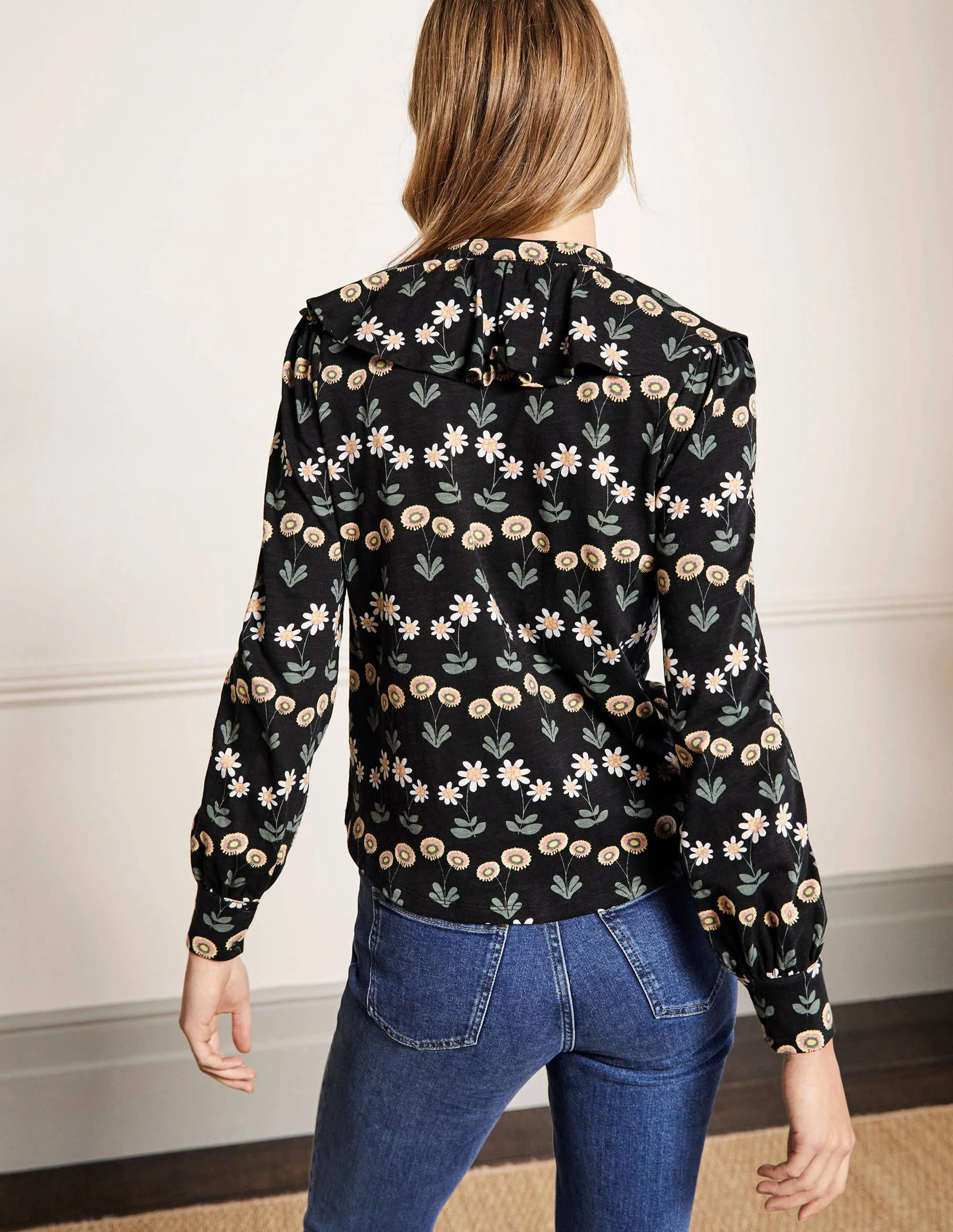 Ruffle Front Jersey Shirt-Black, Delicate Daisy - Image 3