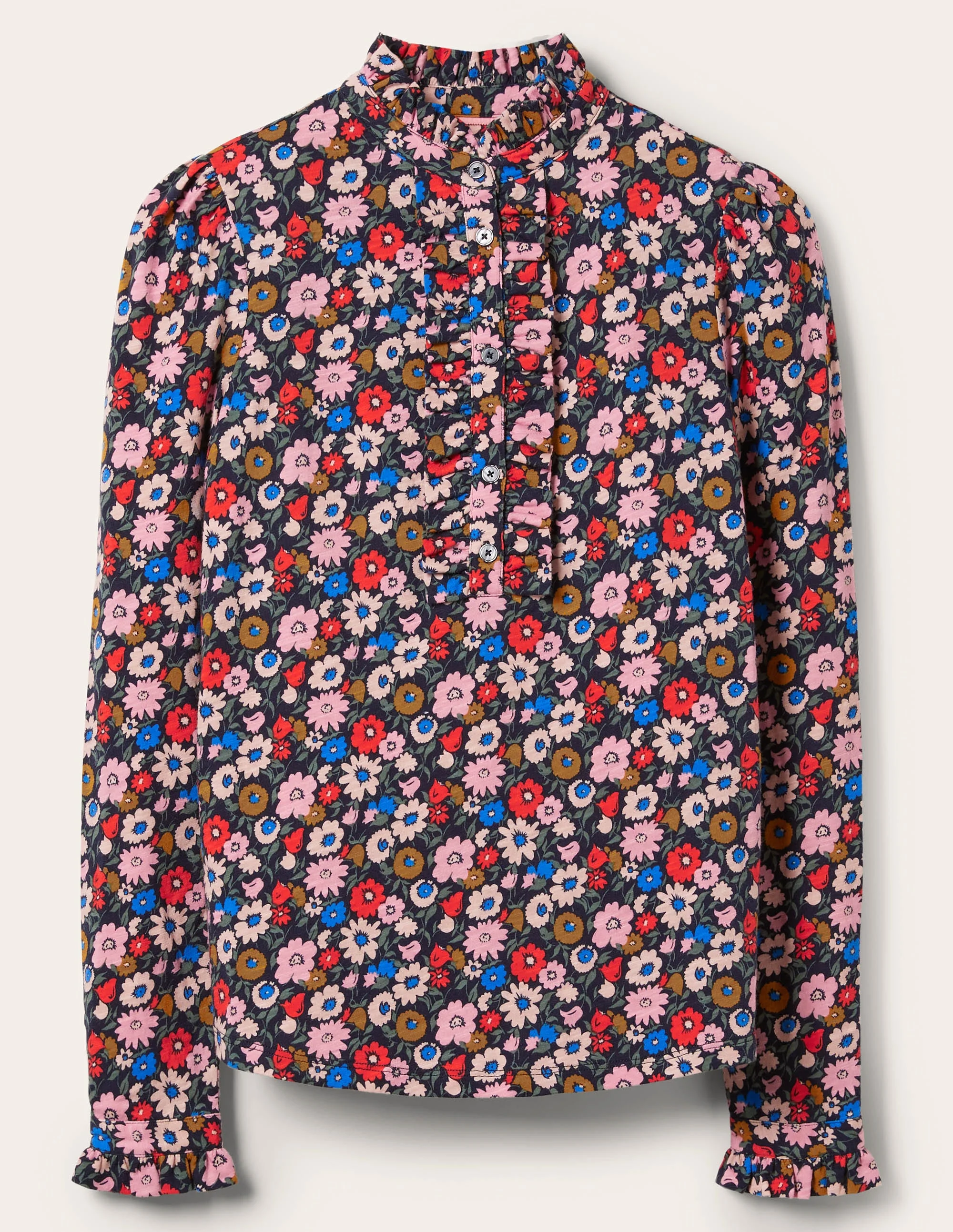 Ruffle Front Jersey Top-French Navy, Elegant Bloom - Image 5