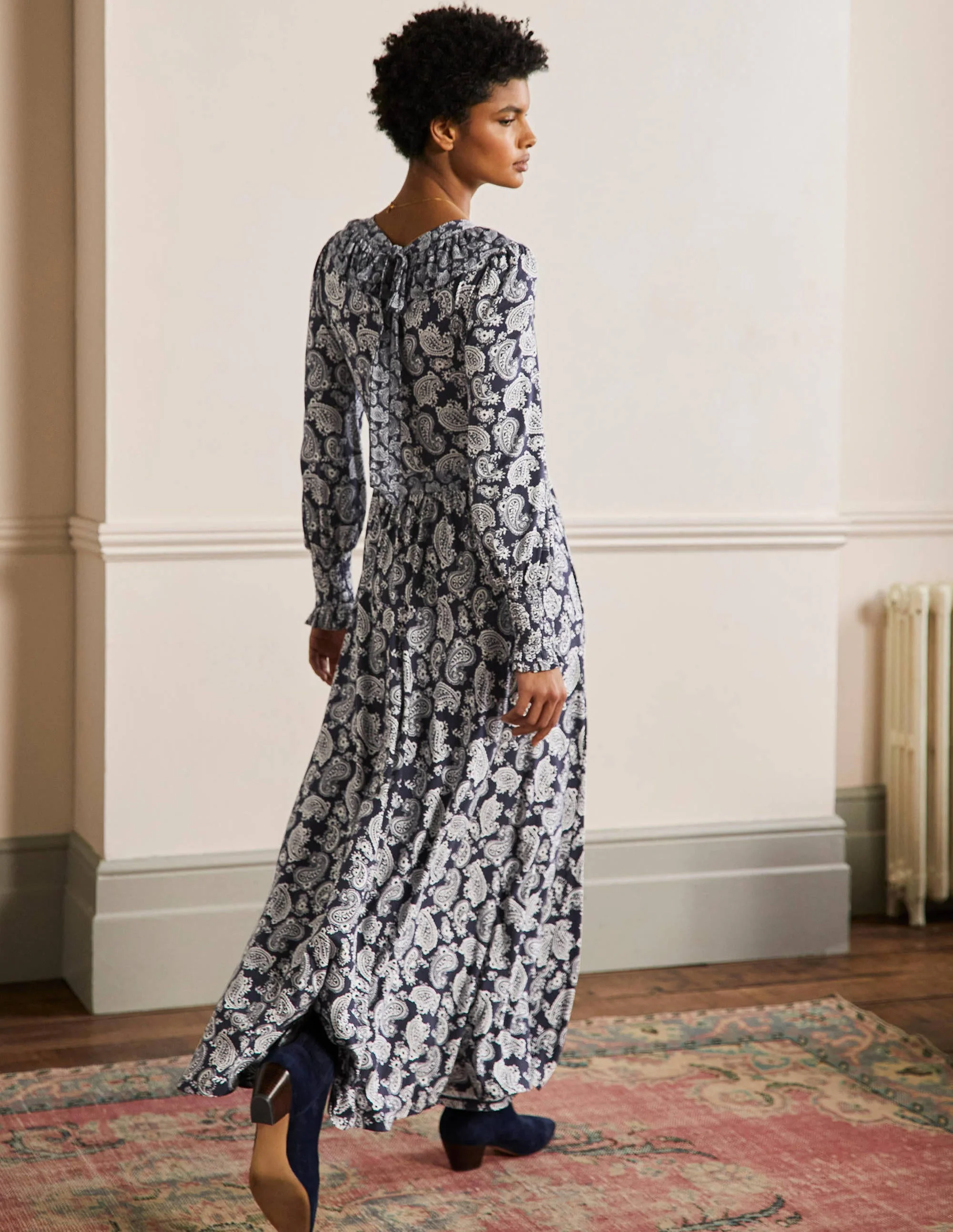 Ruffle Jersey Maxi Dress-French Navy, Paisley Bloom - Image 3