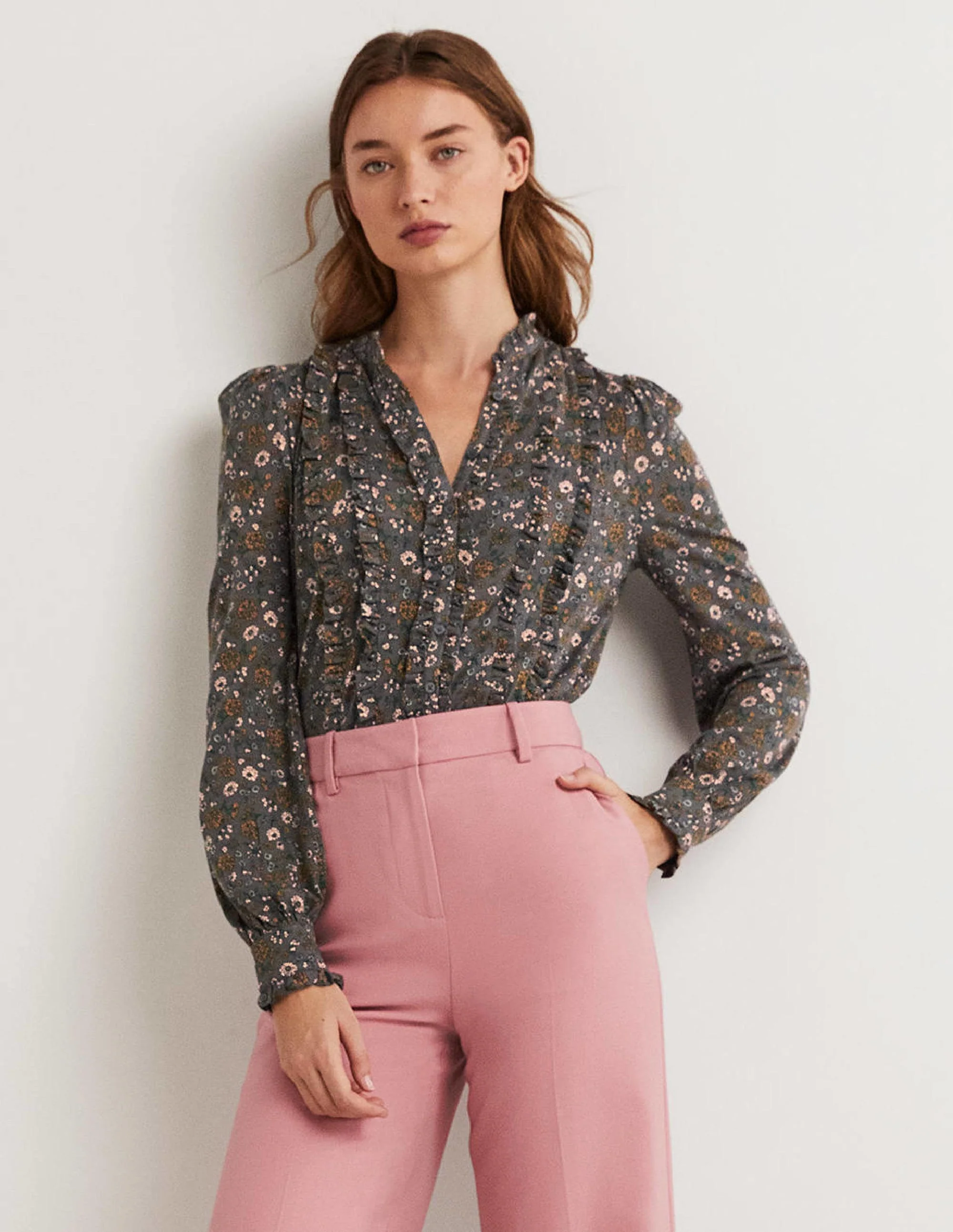 Ruffle Jersey Shirt-Grey Ditsy Charm - Image 5