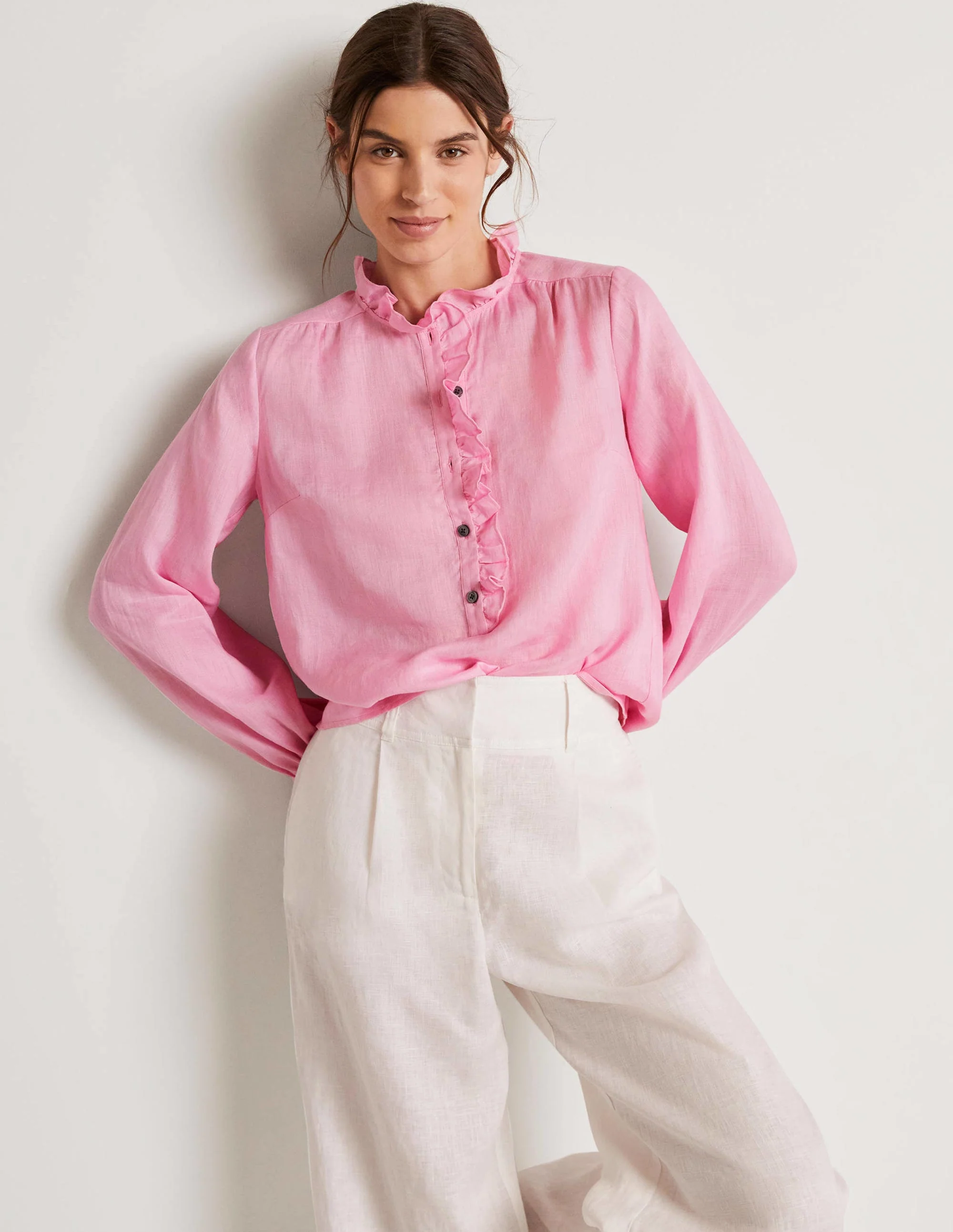 Ruffle Linen Popover Blouse-Bonbon Pink - Image 8