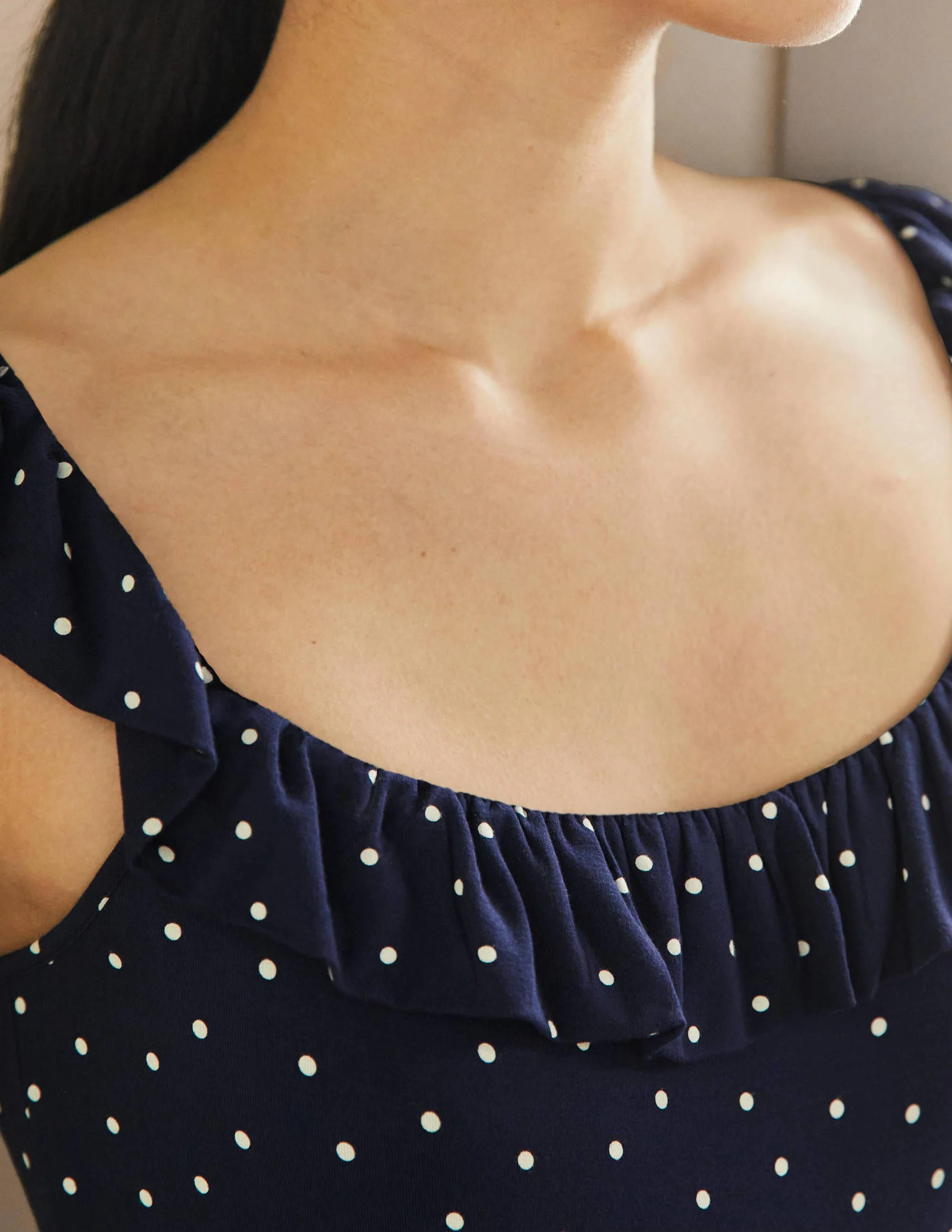 Ruffle Neck Jersey Midi Dress-French Navy, Pin Dot - Image 2