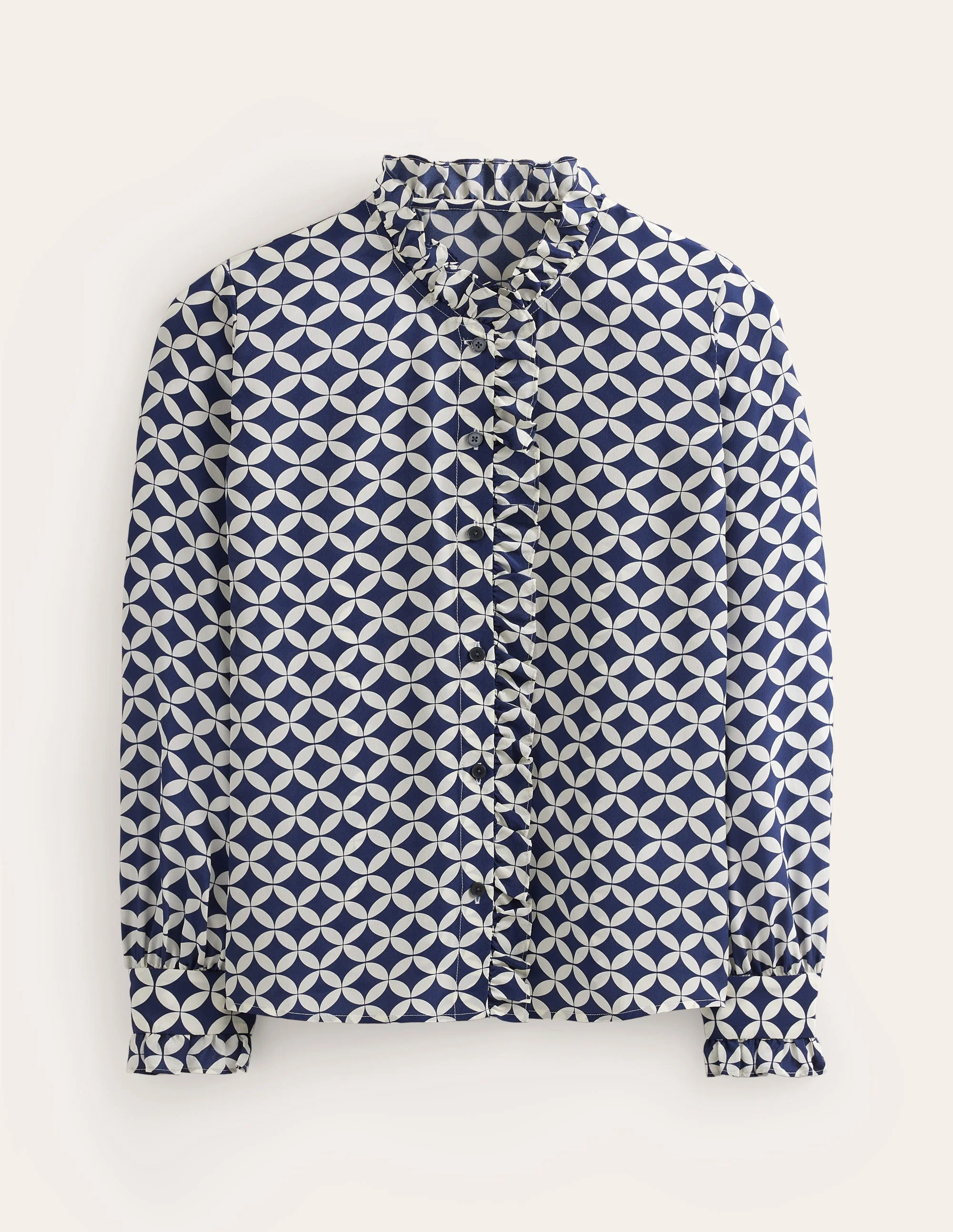 Ruffle Neck Silk Blouse-Navy, Diamond Terrace - Image 8