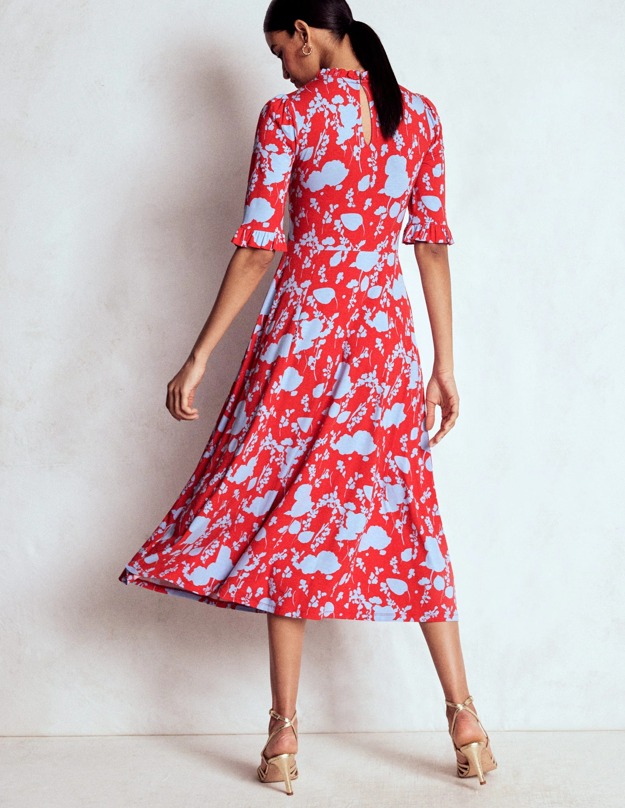 Ruffle Seamed Midi Dress-Poppy Red, Dainty Sprigs - Image 3
