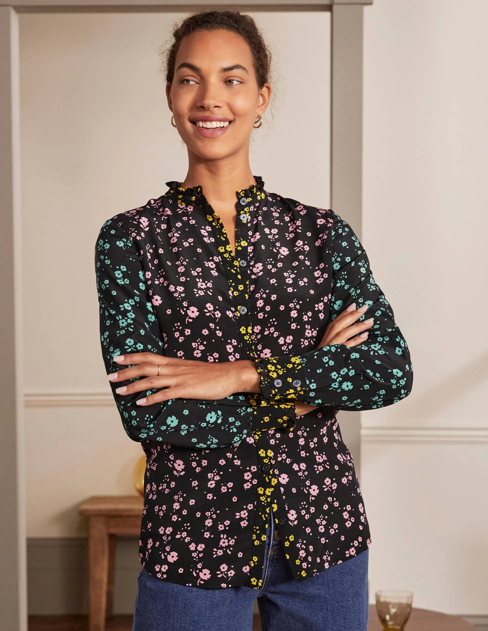 Ruffle Silk Shirt-Black and Azalea, Floral Sprig - Image 3