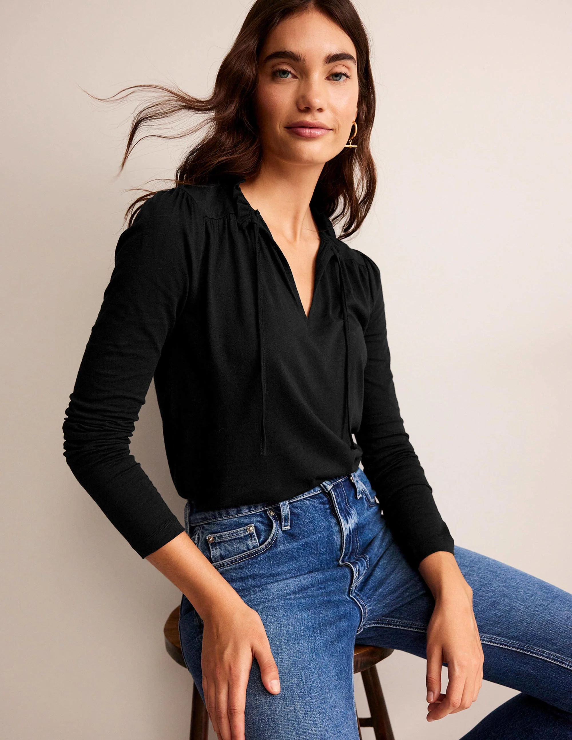 Ruffle V Neck Top-Black