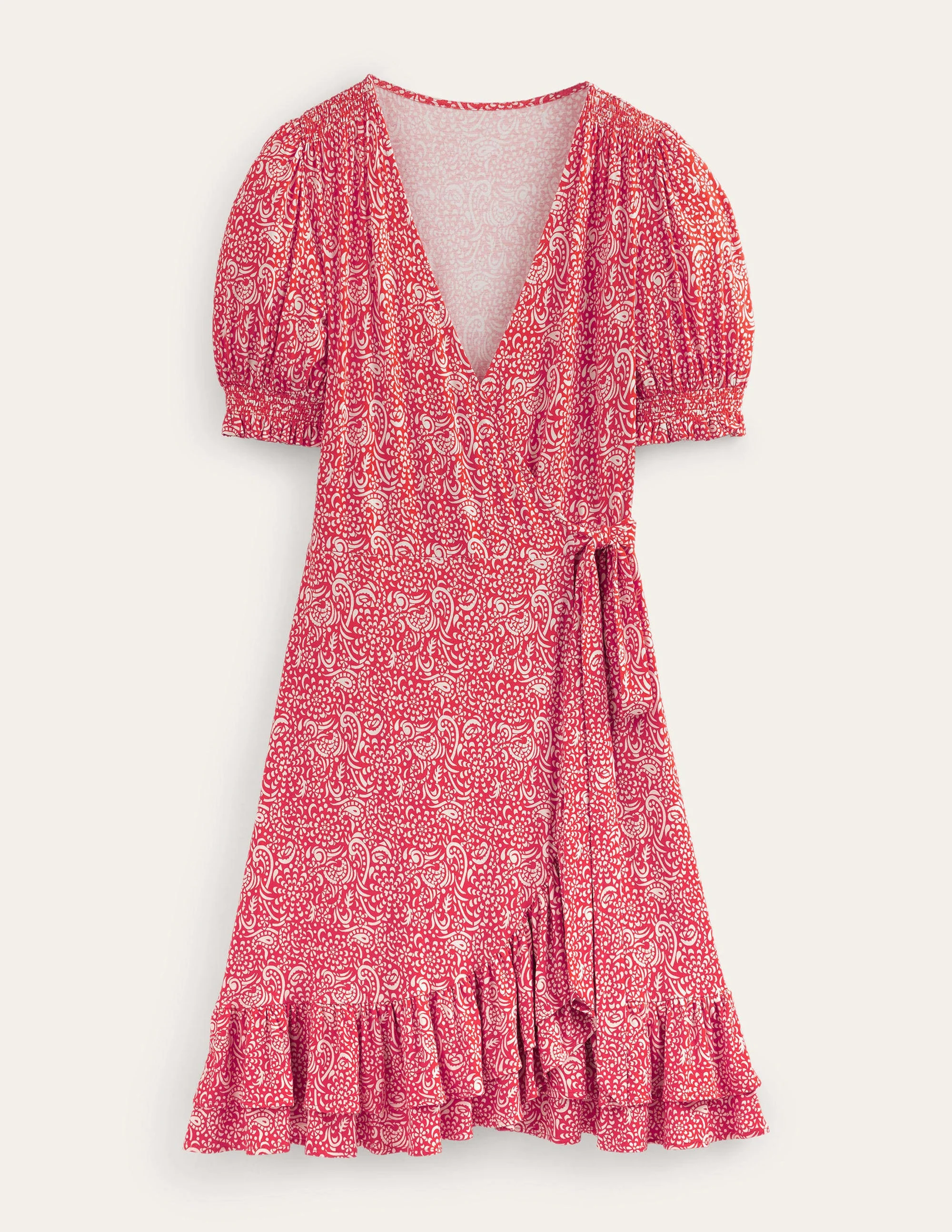 Ruffle Wrap Jersey Mini Dress-Vermillion, Azure Pop - Image 5