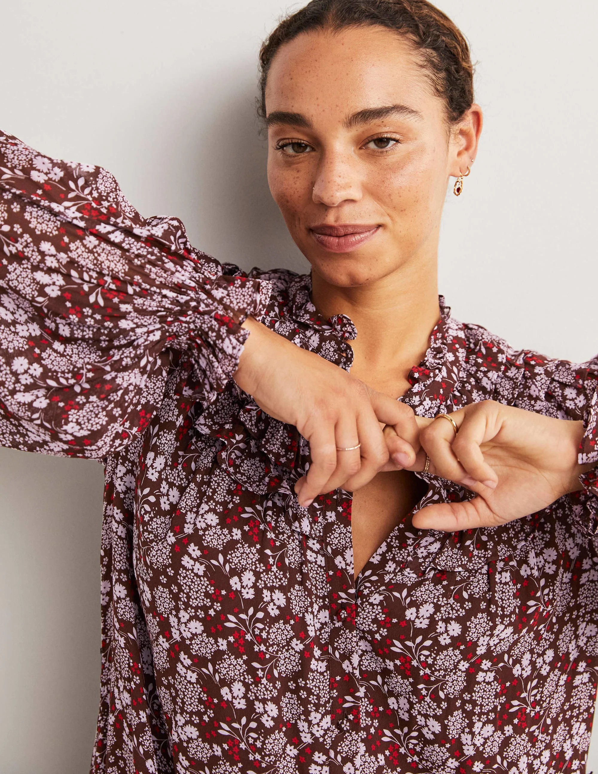 Ruffle Yoke Midi Shirt Dress-Deep Mahogny, Prairie Garden - Image 2