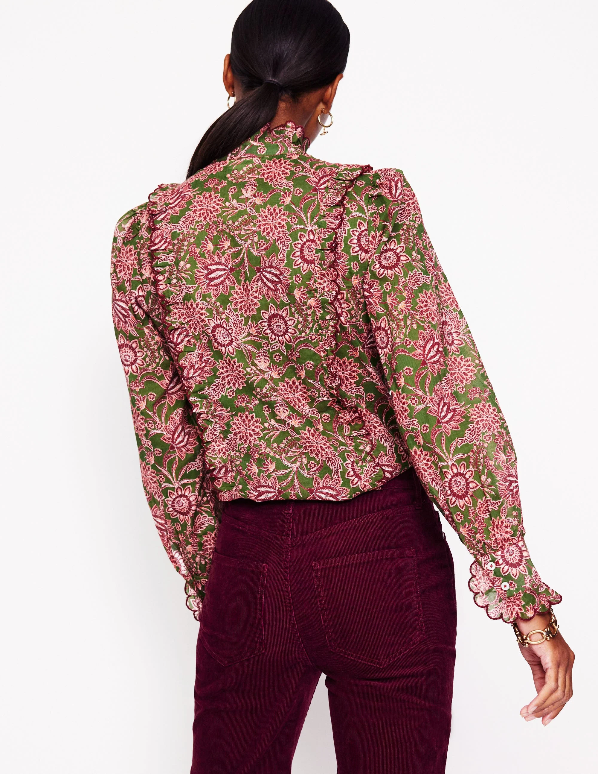 Ruffled Cotton Blouse-Chive, Ornate Bud - Image 3