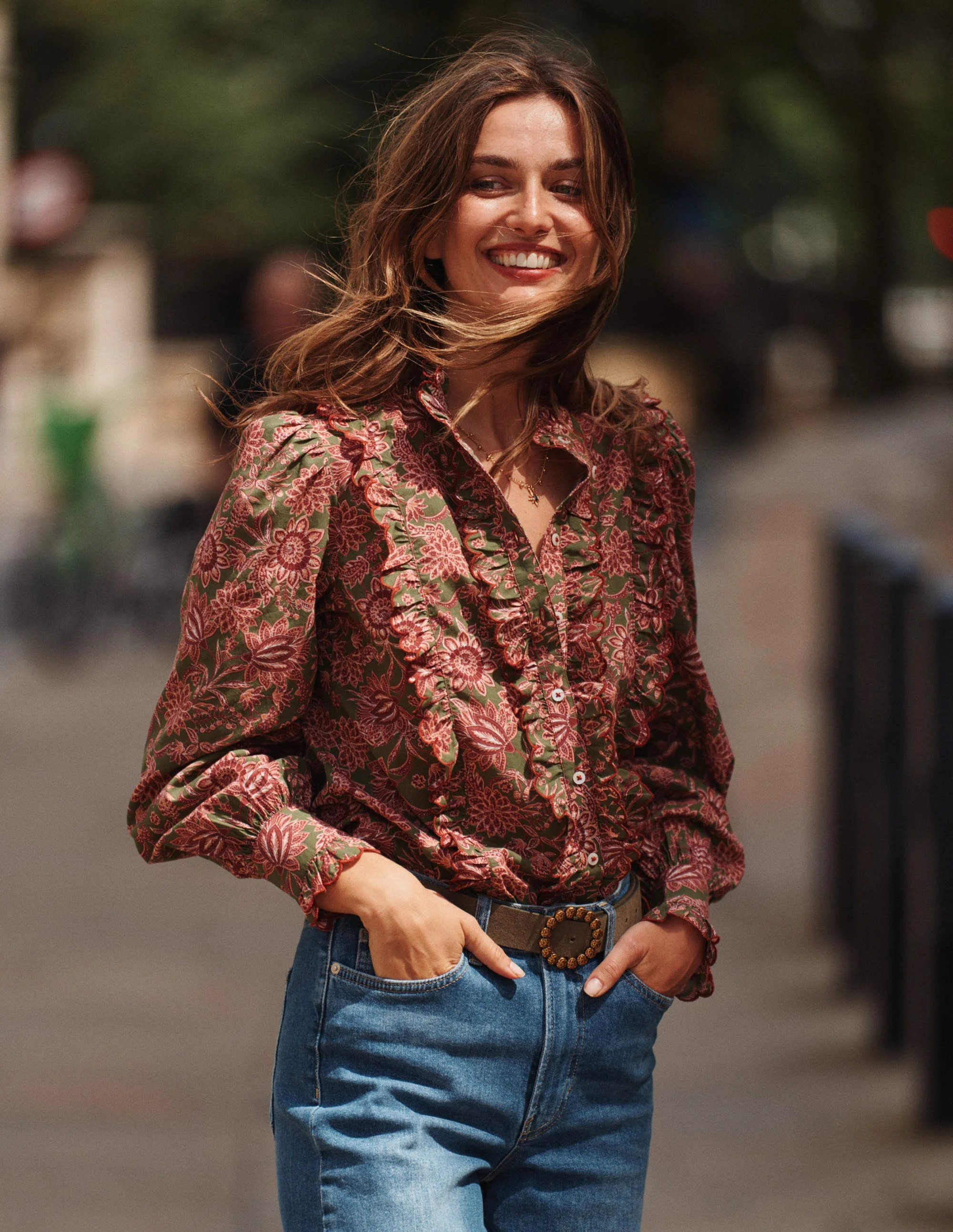 Ruffled Cotton Blouse-Chive, Ornate Bud - Image 5