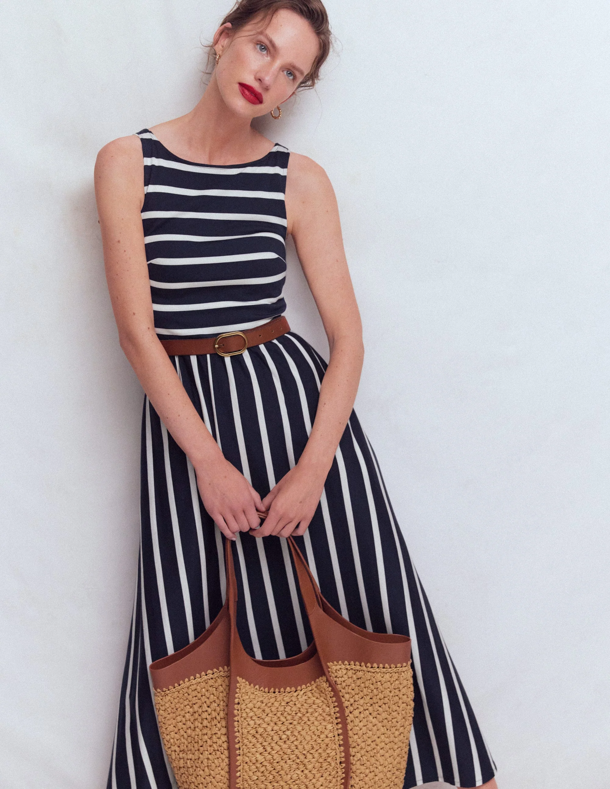 Saoirse Smocked Jersey Dress-Navy, Ivory Stripe - Image 2