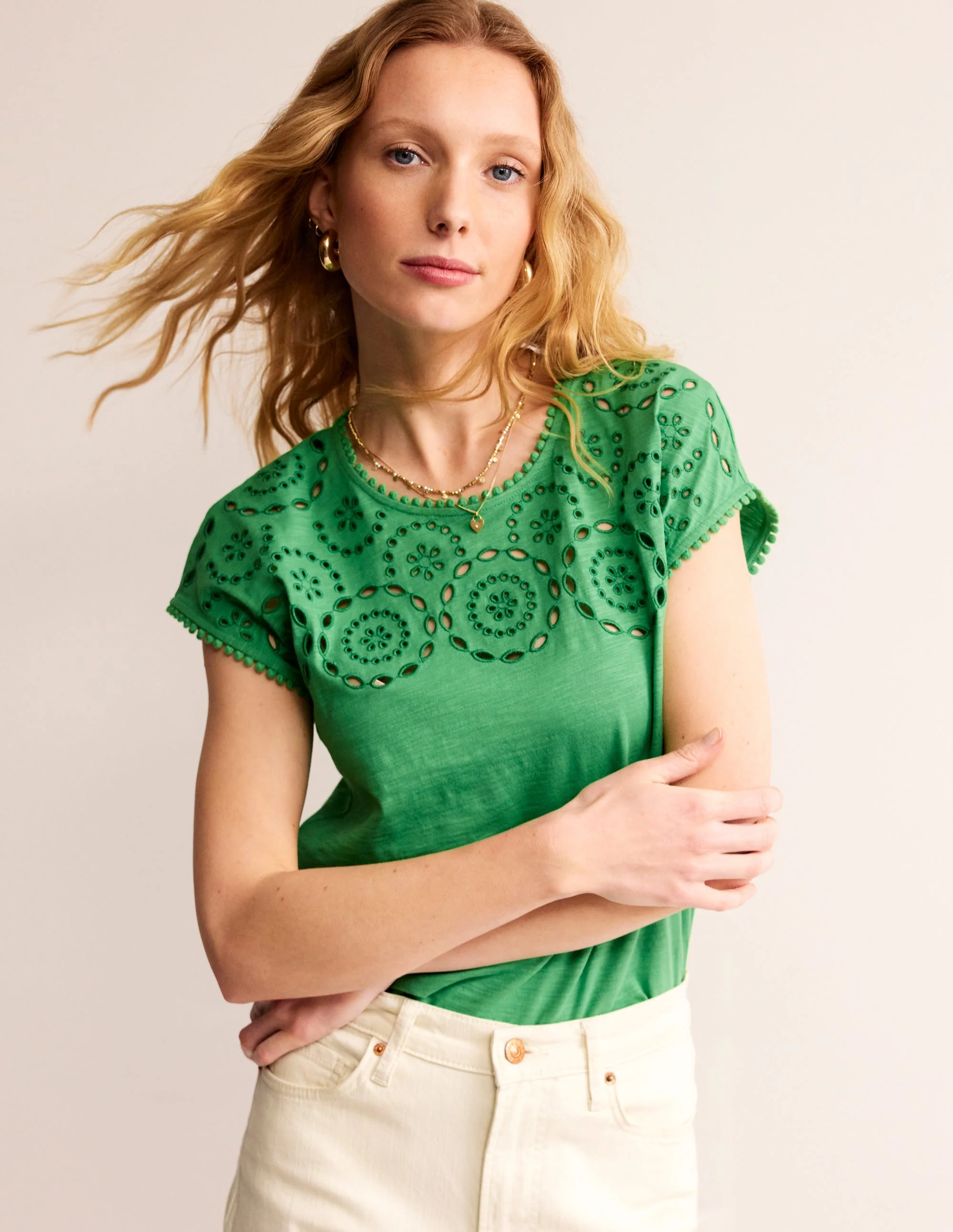 Sasha Broderie T-Shirt-Kelly Green - Image 4