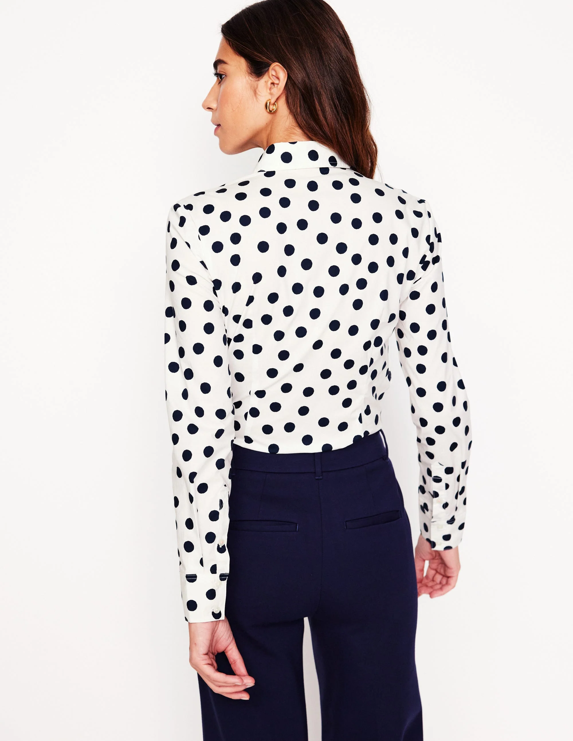 Saskia Stretch Cotton Shirt-Ivory and Navy, Abstract Dot - Image 3