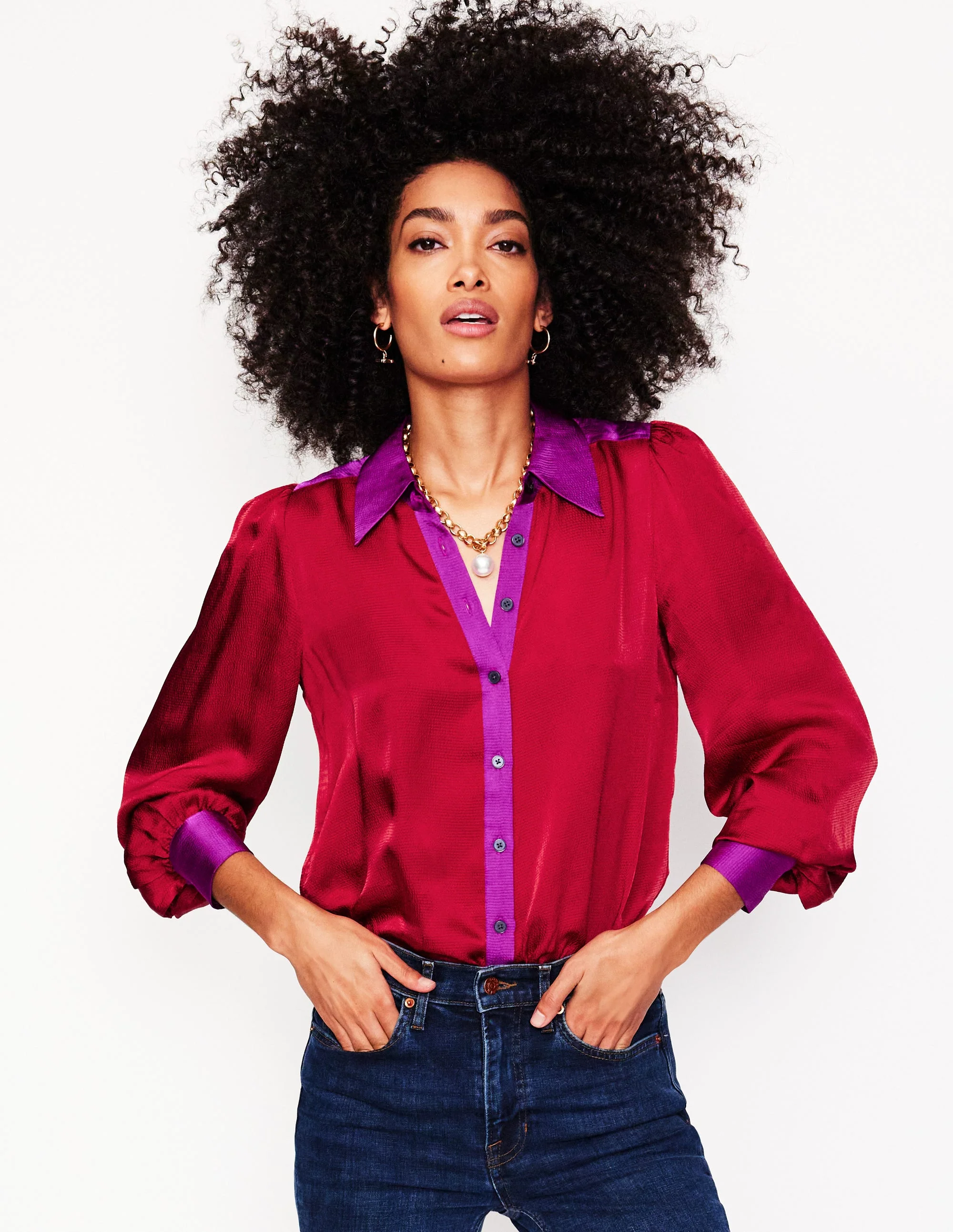 Satin Party Shirt-Cabernet Colourblock - Image 2