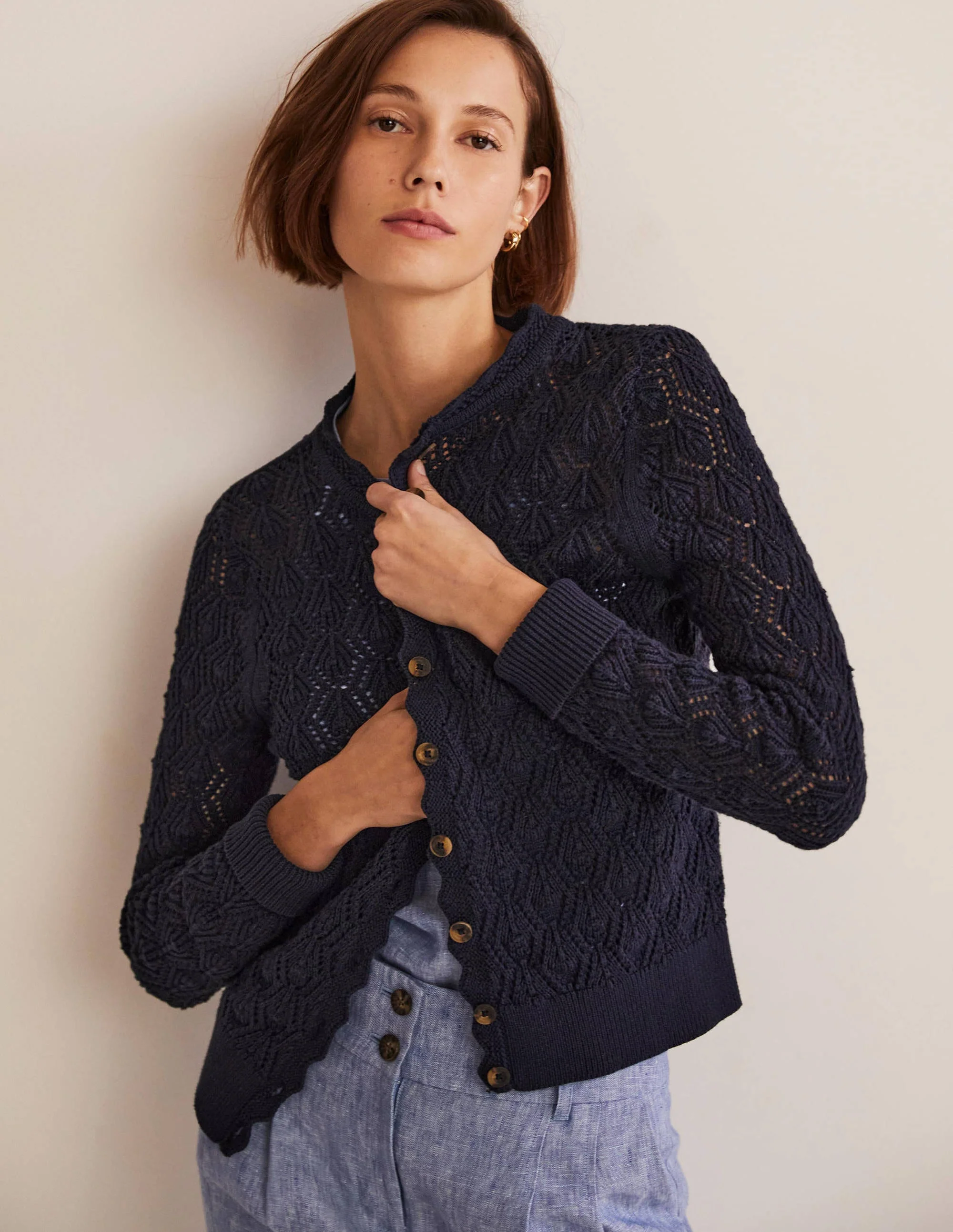 Scallop Crochet Cardigan-navy - Image 3