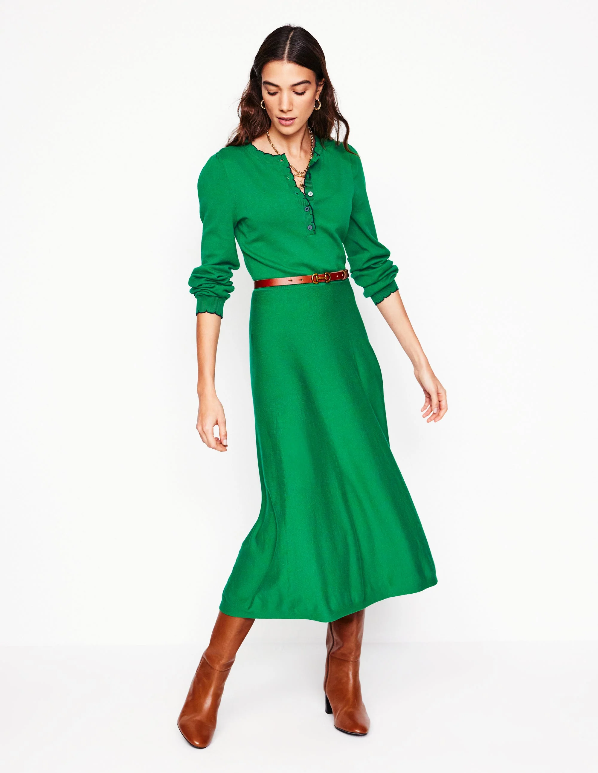 Scallop Henley Knitted Dress-Rich Emerald - Image 5